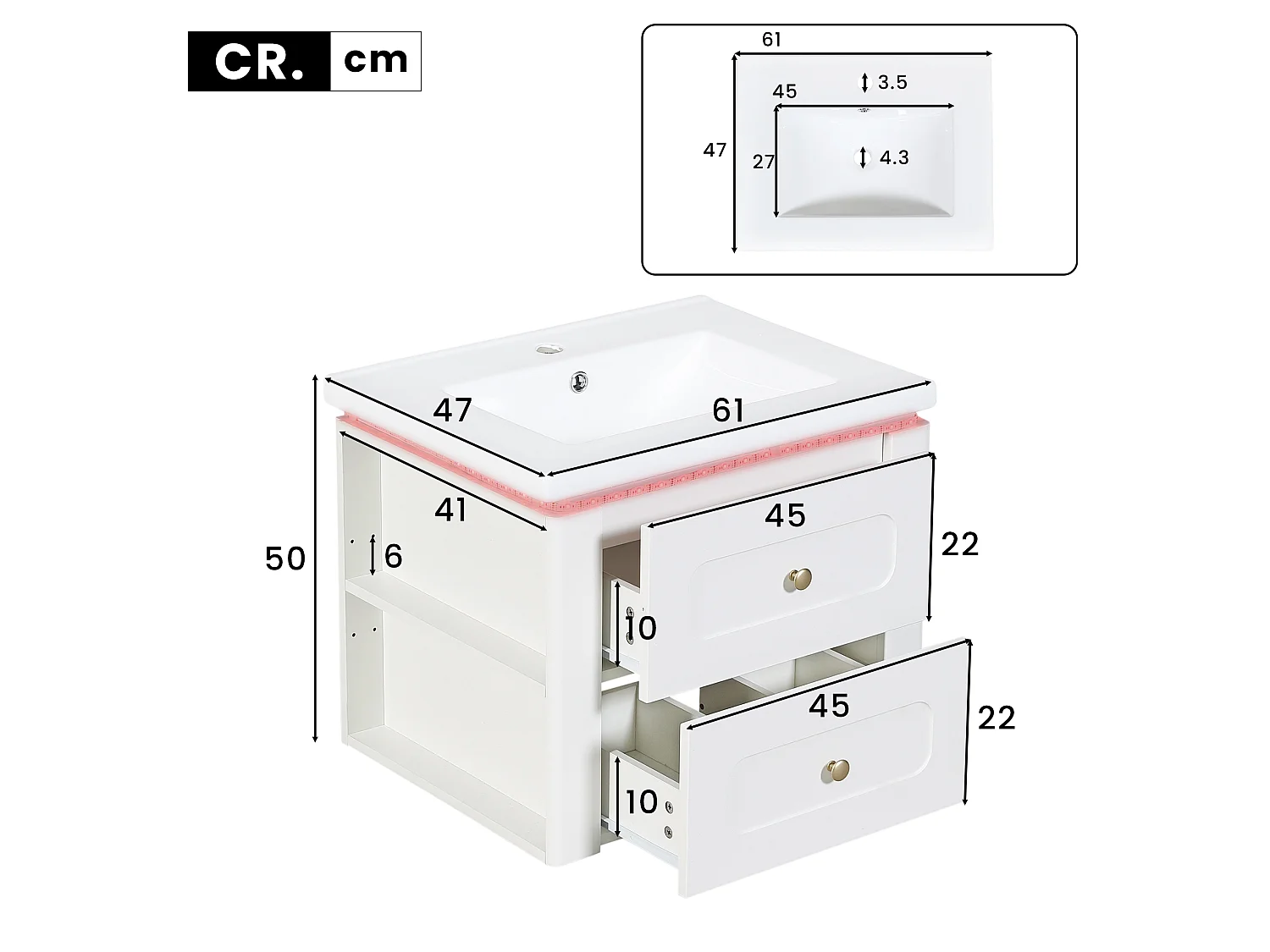 Hängender Waschtischunterschrank 61 cm - Badmöbel mit Keramikwaschbecken - LED-Beleuchtung per App & 2 Schubladen - Moderner Stil - Weiß