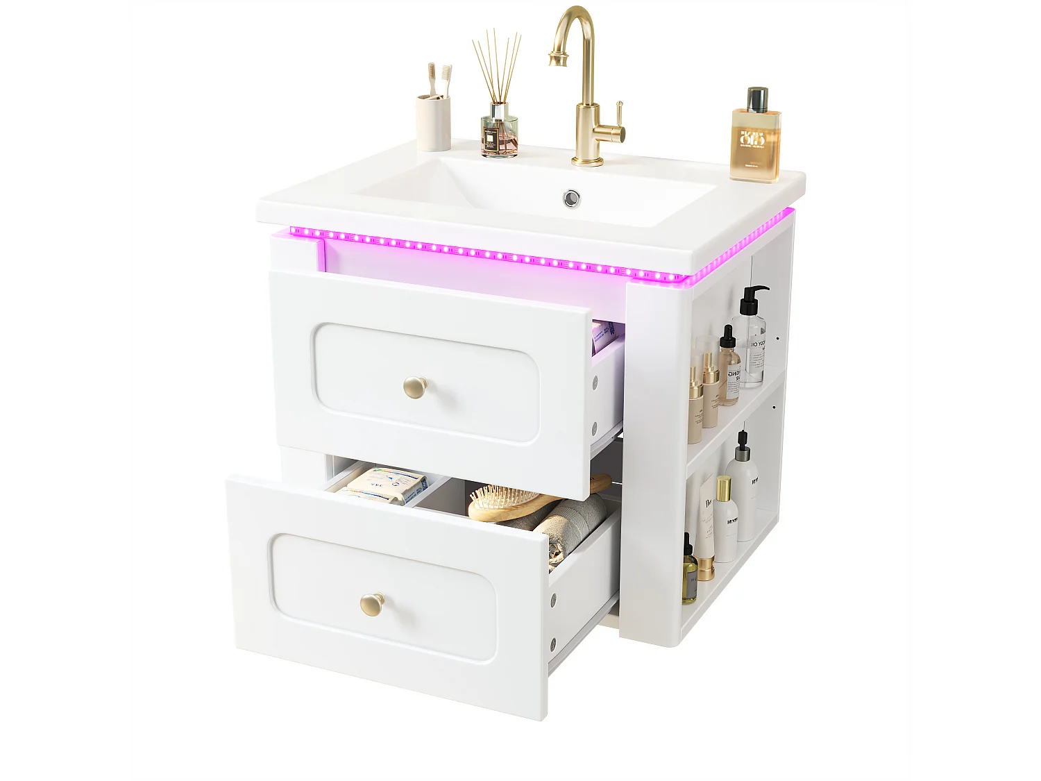 Hängender Waschtischunterschrank 61 cm - Badmöbel mit Keramikwaschbecken - LED-Beleuchtung per App & 2 Schubladen - Moderner Stil - Weiß