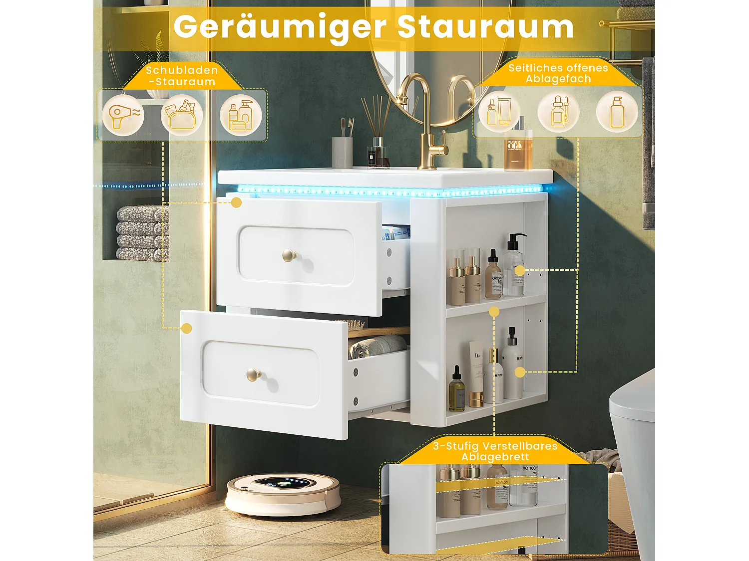 Hängender Waschtischunterschrank 61 cm - Badmöbel mit Keramikwaschbecken - LED-Beleuchtung per App & 2 Schubladen - Moderner Stil - Weiß