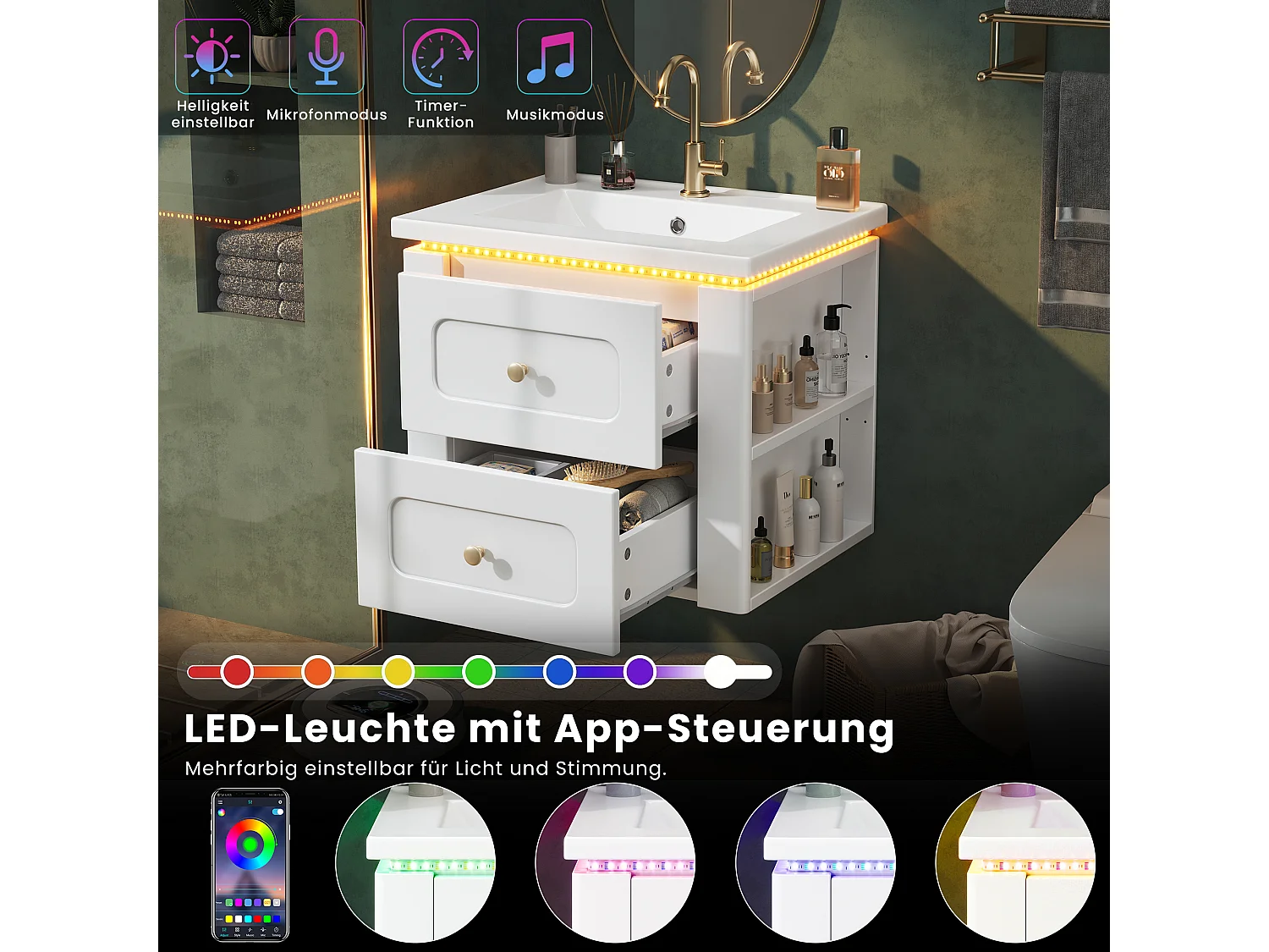 Hängender Waschtischunterschrank 61 cm - Badmöbel mit Keramikwaschbecken - LED-Beleuchtung per App & 2 Schubladen - Moderner Stil - Weiß