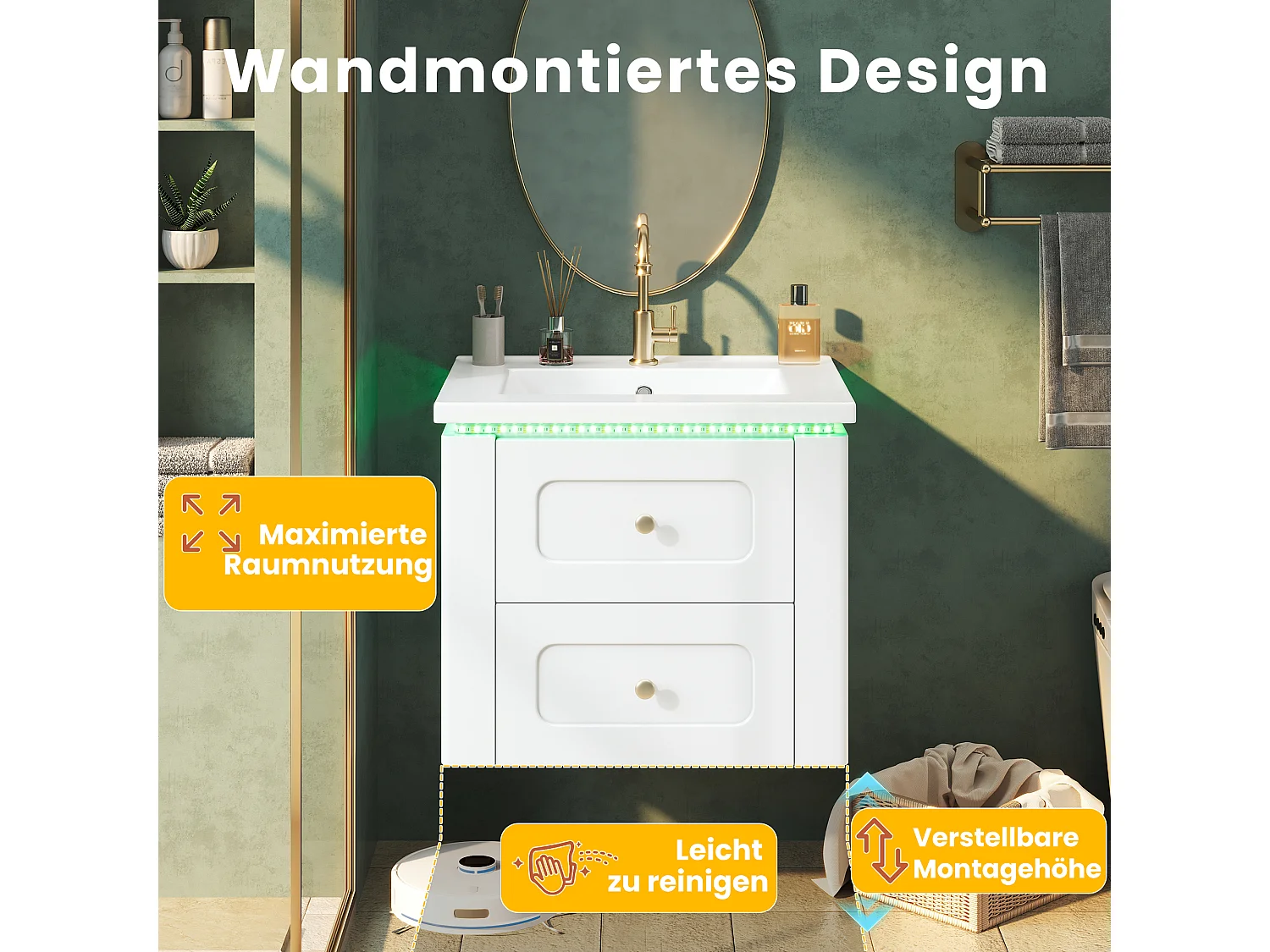 Hängender Waschtischunterschrank 61 cm - Badmöbel mit Keramikwaschbecken - LED-Beleuchtung per App & 2 Schubladen - Moderner Stil - Weiß