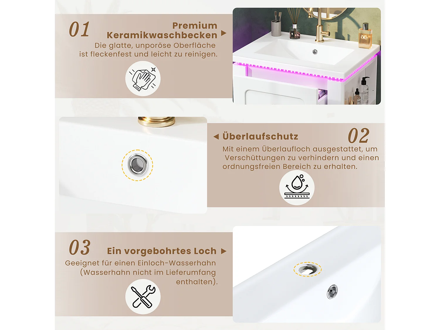 Hängender Waschtischunterschrank 61 cm - Badmöbel mit Keramikwaschbecken - LED-Beleuchtung per App & 2 Schubladen - Moderner Stil - Weiß