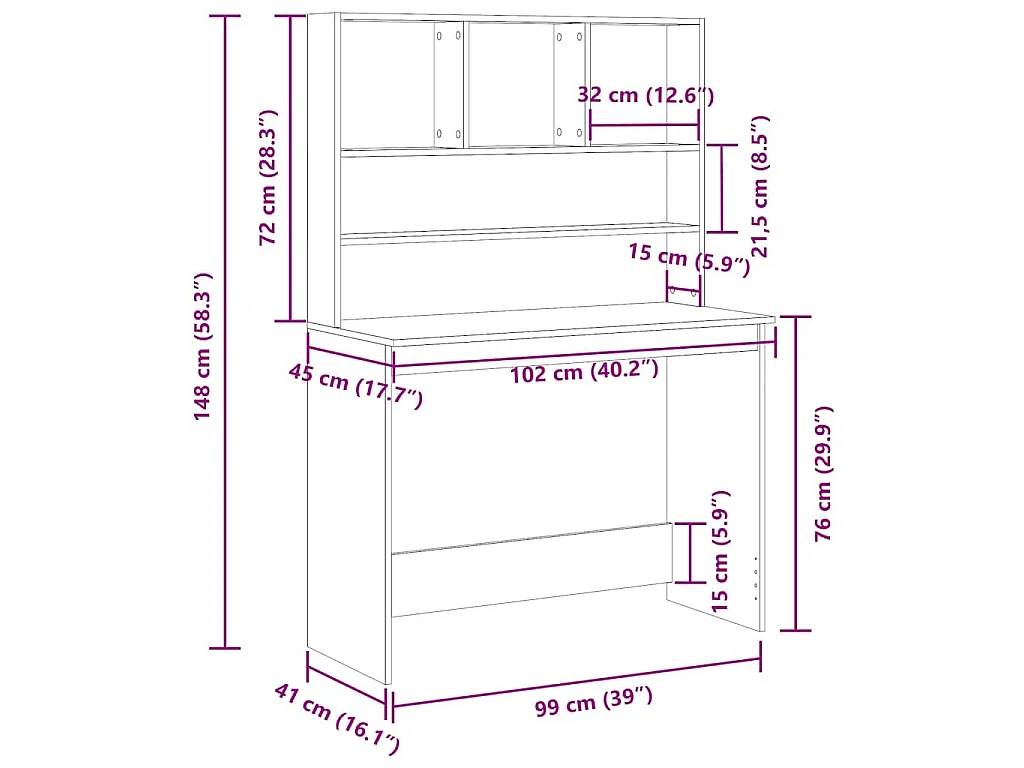 Bureau avec étagères en chêne noir 102 x 45 x 148 cm bois d'ingénierie