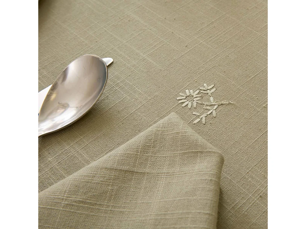 Nappe Brodé en Coton "Joy" 150x250cm Kaki
