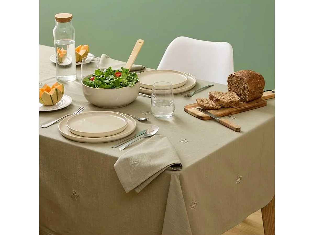 Nappe Brodé en Coton "Joy" 150x250cm Kaki