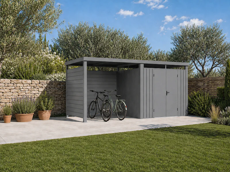 Metalen tuinschuur van gegalvaniseerd staal 6,25 m² met aanbouw en opengewerkte wand - Dikte 0,35 mm - Grijs - MERANO