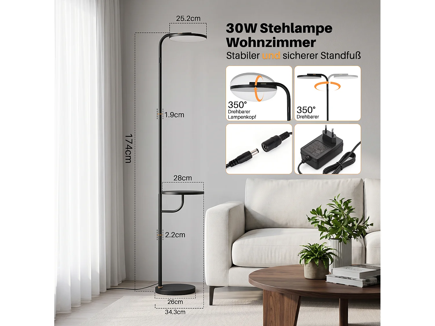 ZMH Lampadaire LED noir 30W avec tablette et télécommande 174cm intensité variable pour le salon la chambre ou le coin lecture