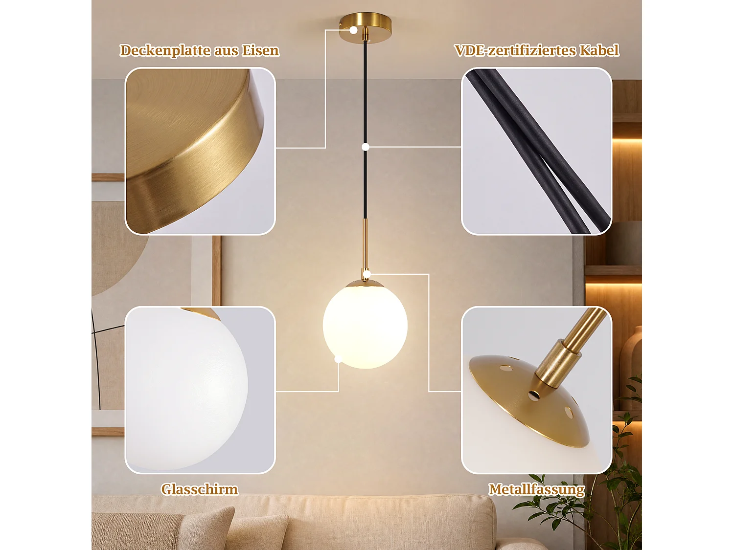ZMH Suspension 1 lumière G9 doré moderne en verre finition opale convient pour la salle à manger le salon cuisine ou chambre