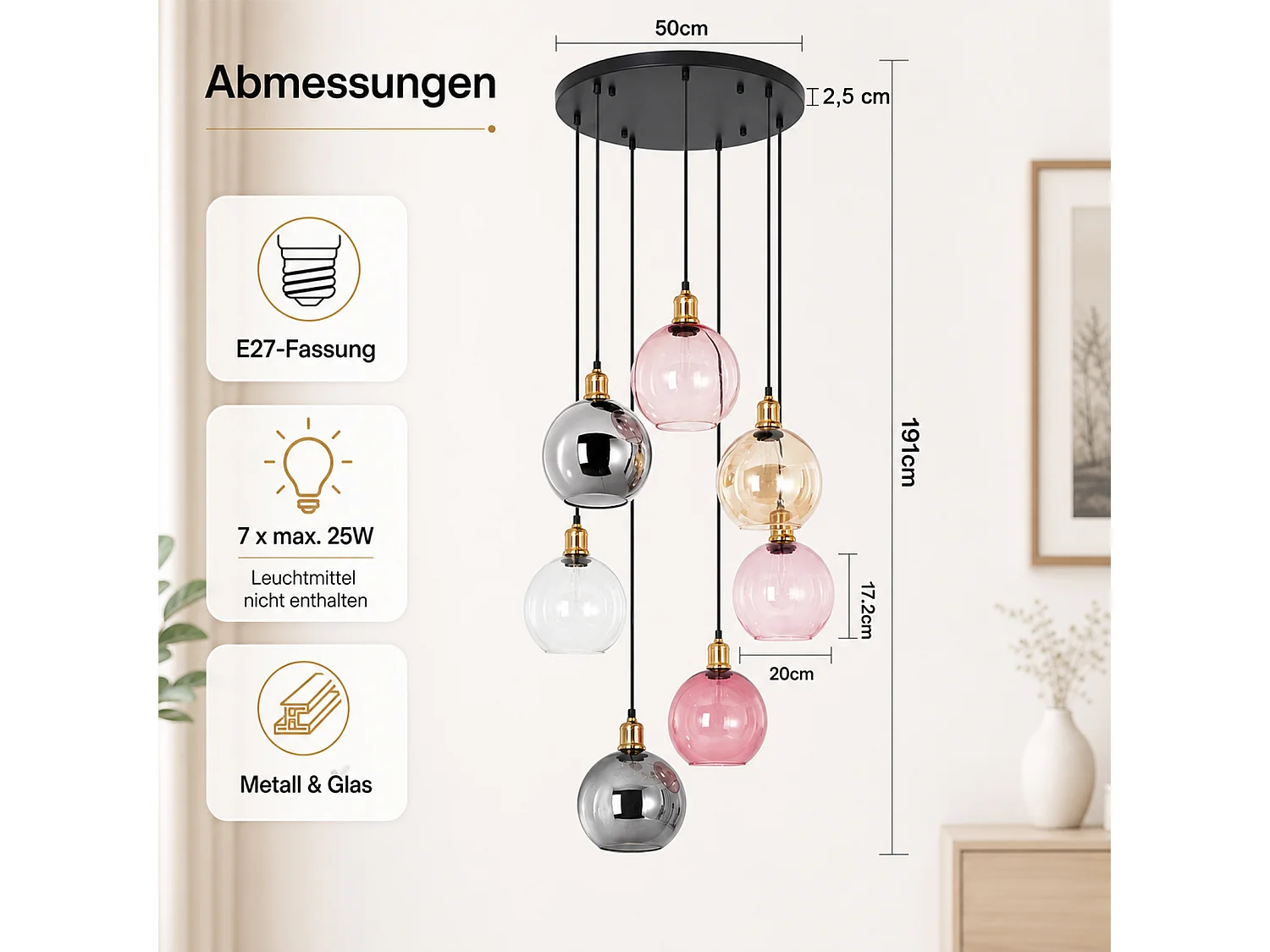 ZMH Suspension 7 lumière E27 moderne abat-jour en verre convient pour la salle à manger le salon couloir ou chambre