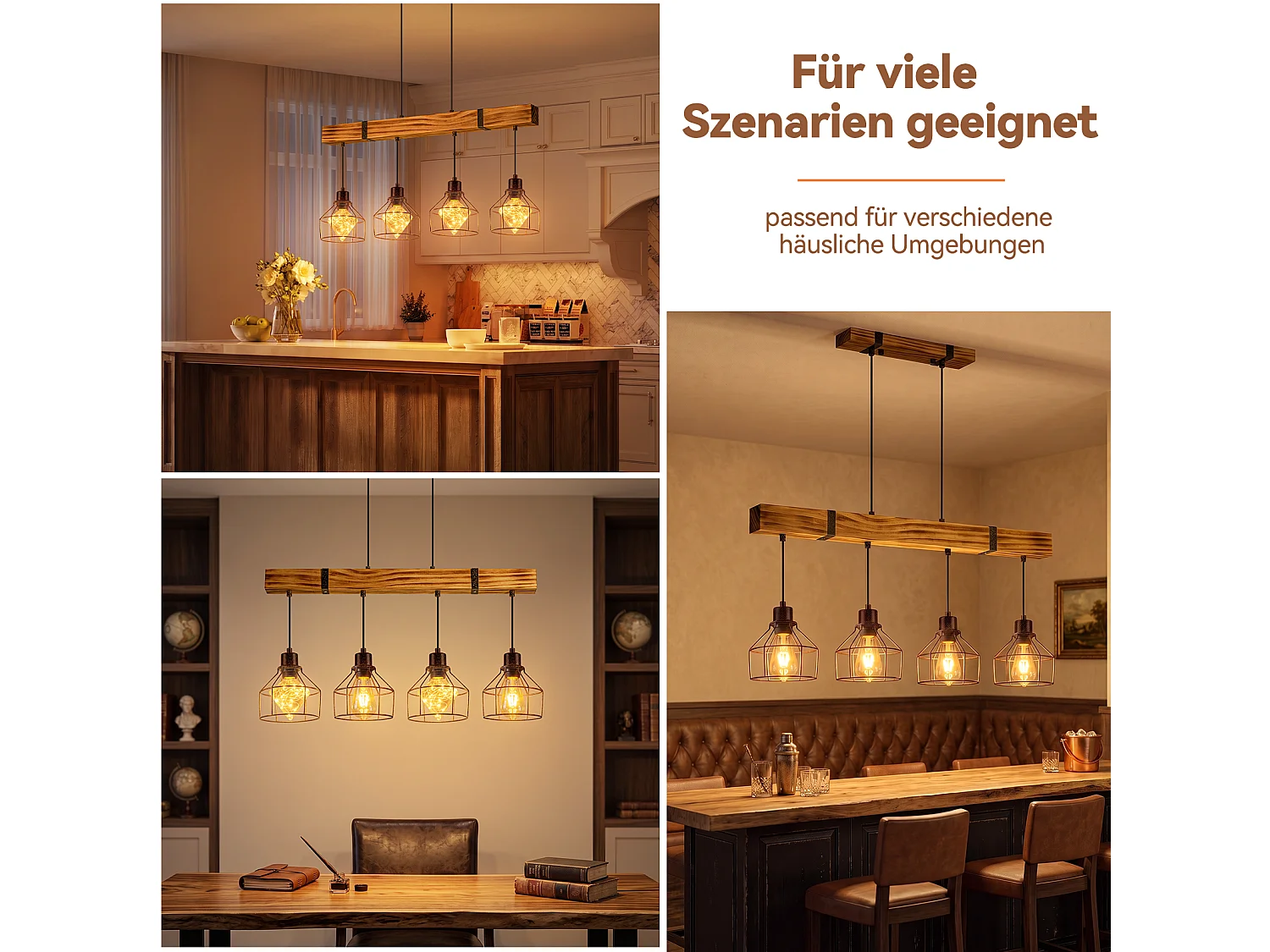 ZMH Suspension vintage noir E27 4 flammes convient aux salles à manger et aux salons Îlot de cuisine
