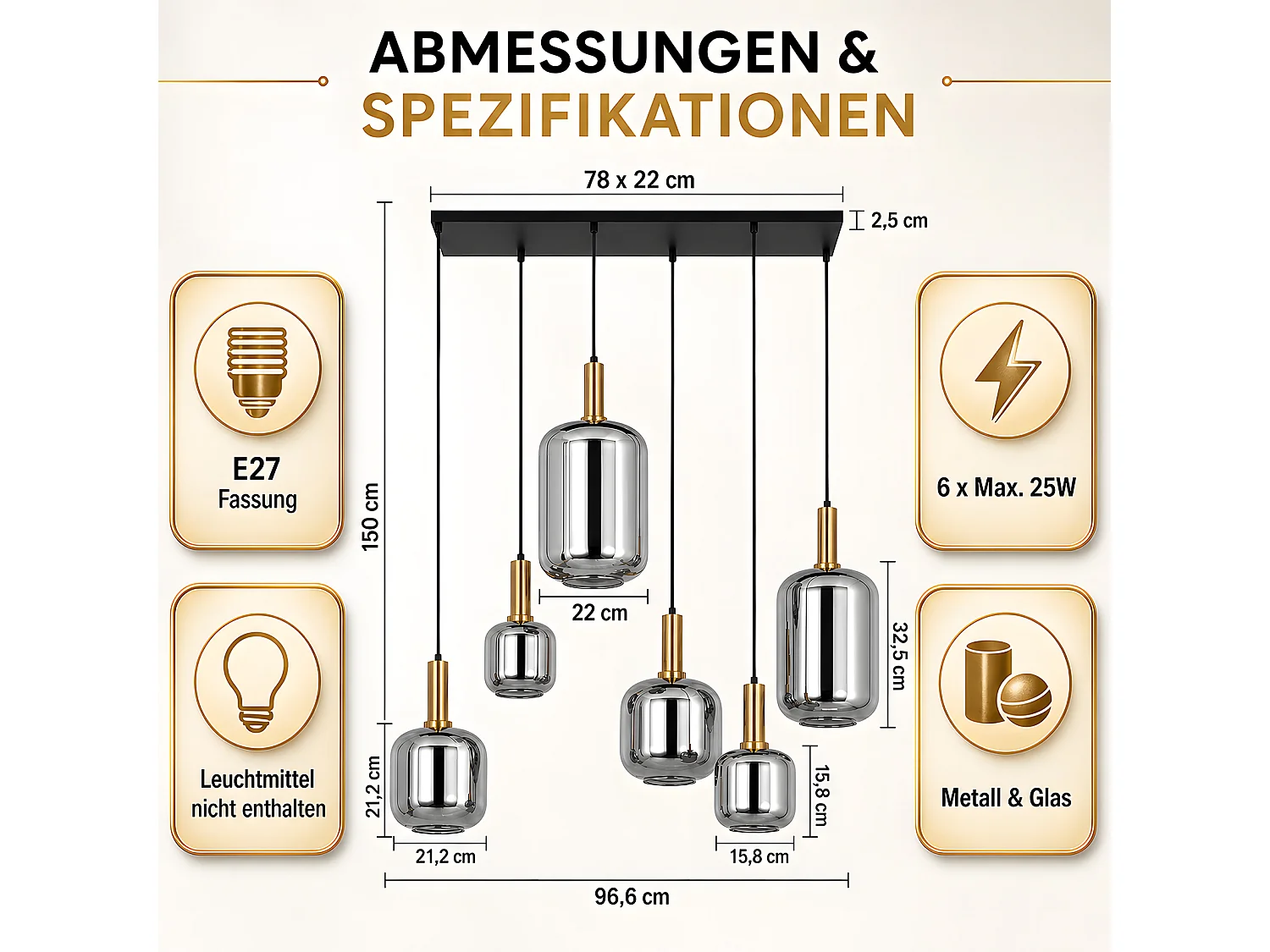 ZMH Suspension 6 lumière E27 moderne abat-jour en verre convient pour la salle à manger le salon couloir ou chambre