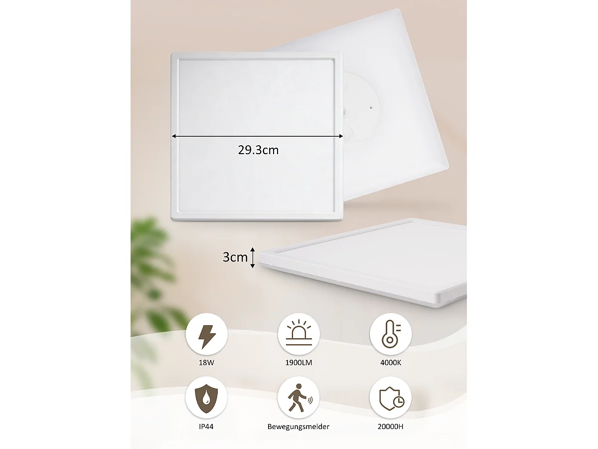 ZMH Plafonnier LED blanc avec détecteur de mouvement 18W carré 29cm 4000K idéal pour les couloirs et les escaliers