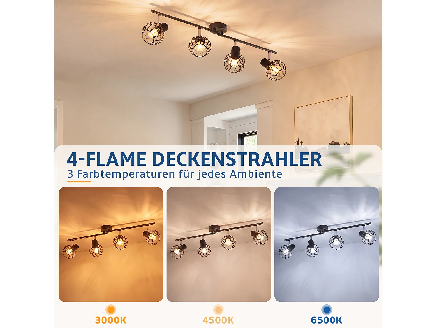 ZMH Spot de plafond noir à 4 lumières métal E14 orientable à 350° d'intérieur pour salon couloir (ampoules non incluses)