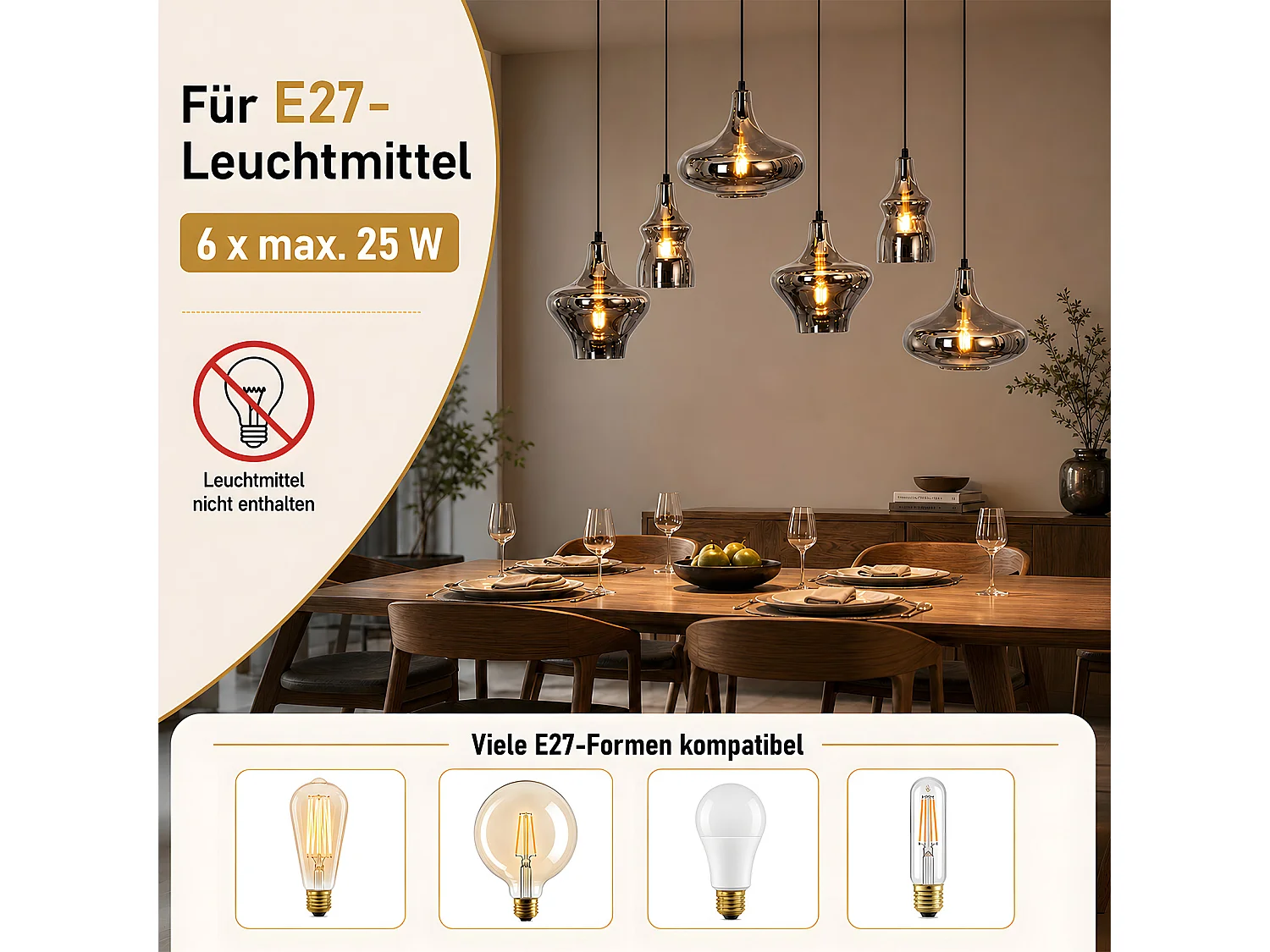 ZMH Suspension 6 lumière E27 moderne abat-jour en verre convient pour la salle à manger le salon couloir ou chambre