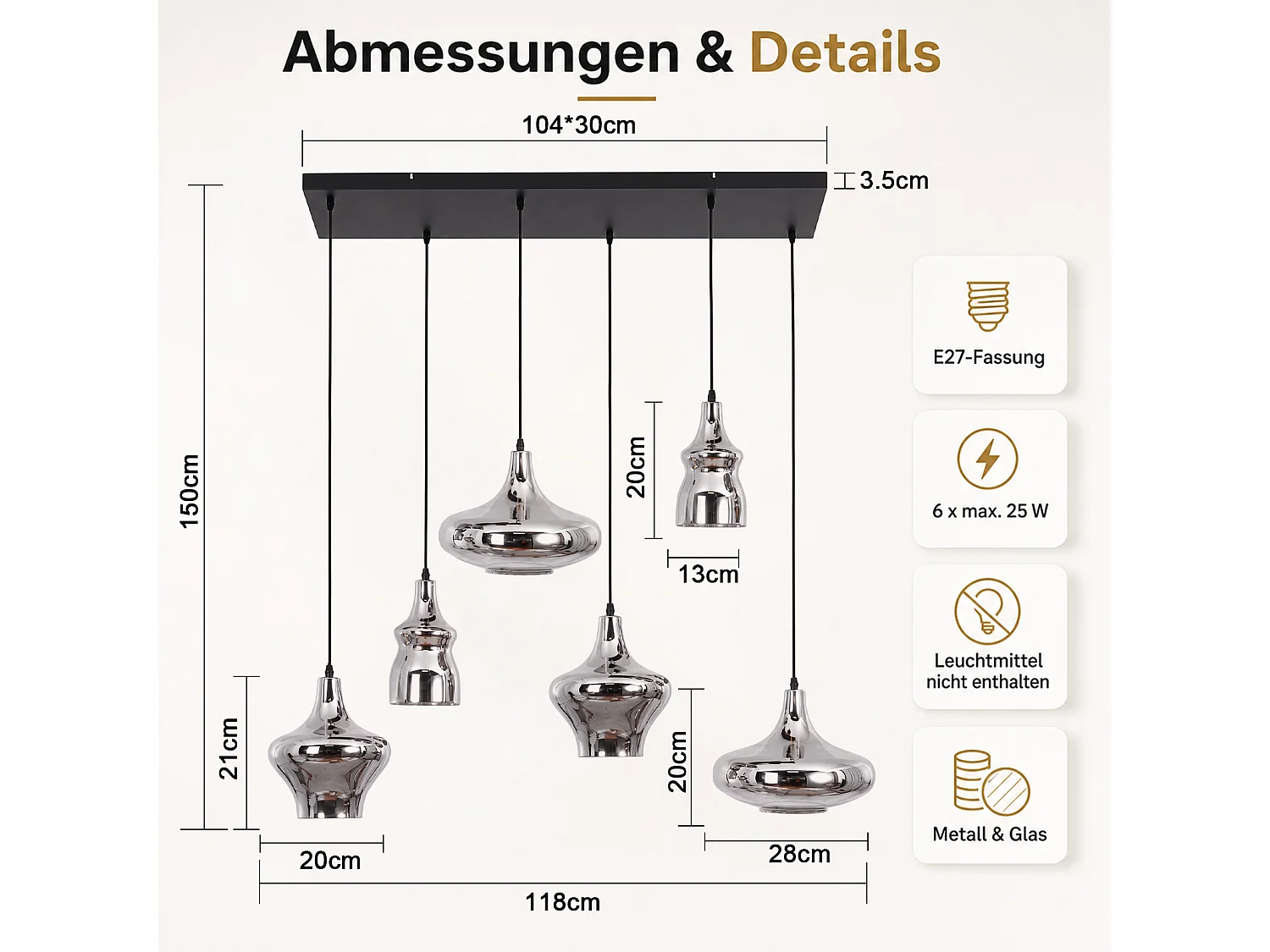 ZMH Suspension 6 lumière E27 moderne abat-jour en verre convient pour la salle à manger le salon couloir ou chambre