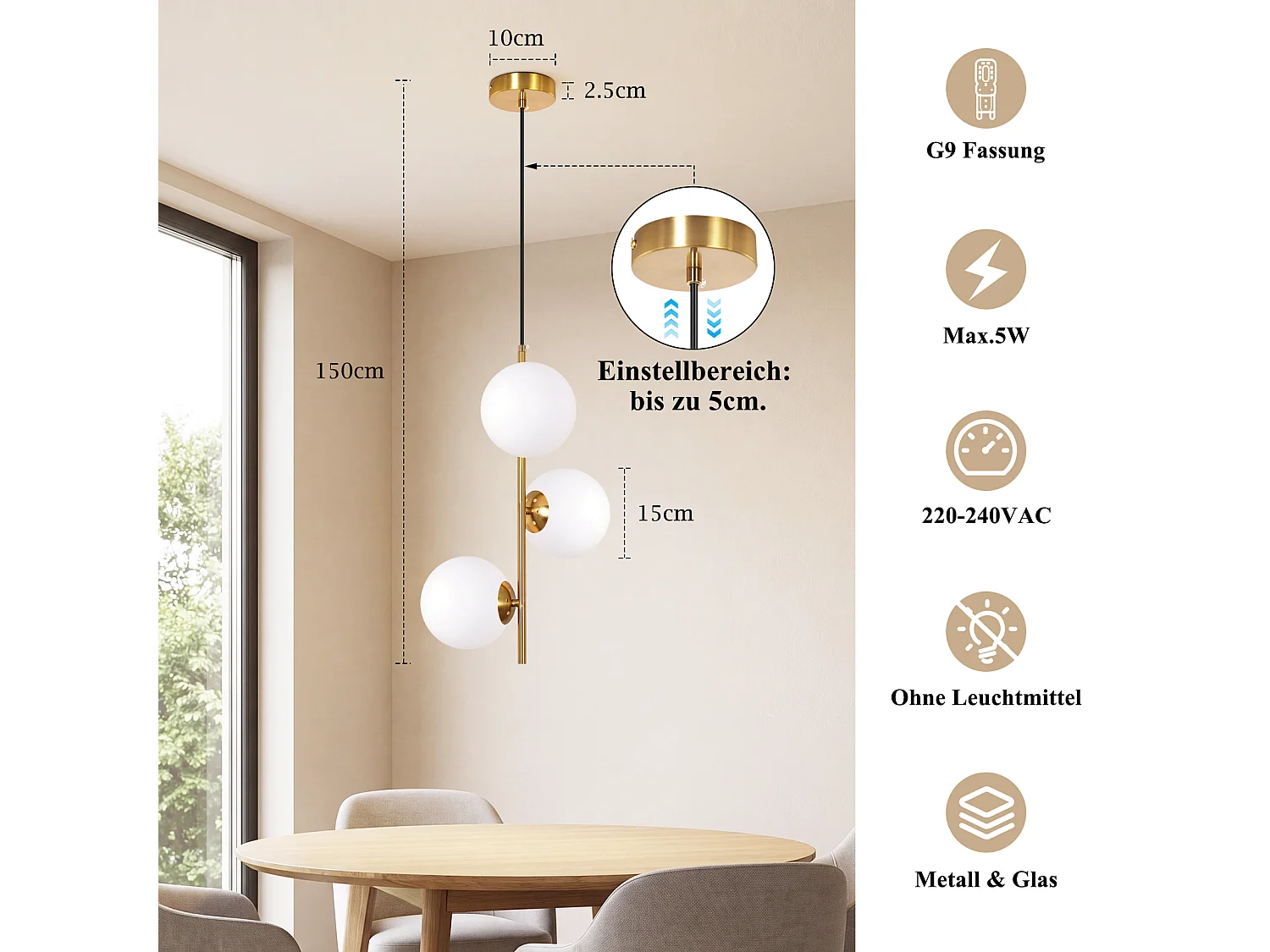 ZMH Suspension 3 lumière G9 doré moderne en verre finition opale convient pour la salle à manger le salon cuisine ou chambre