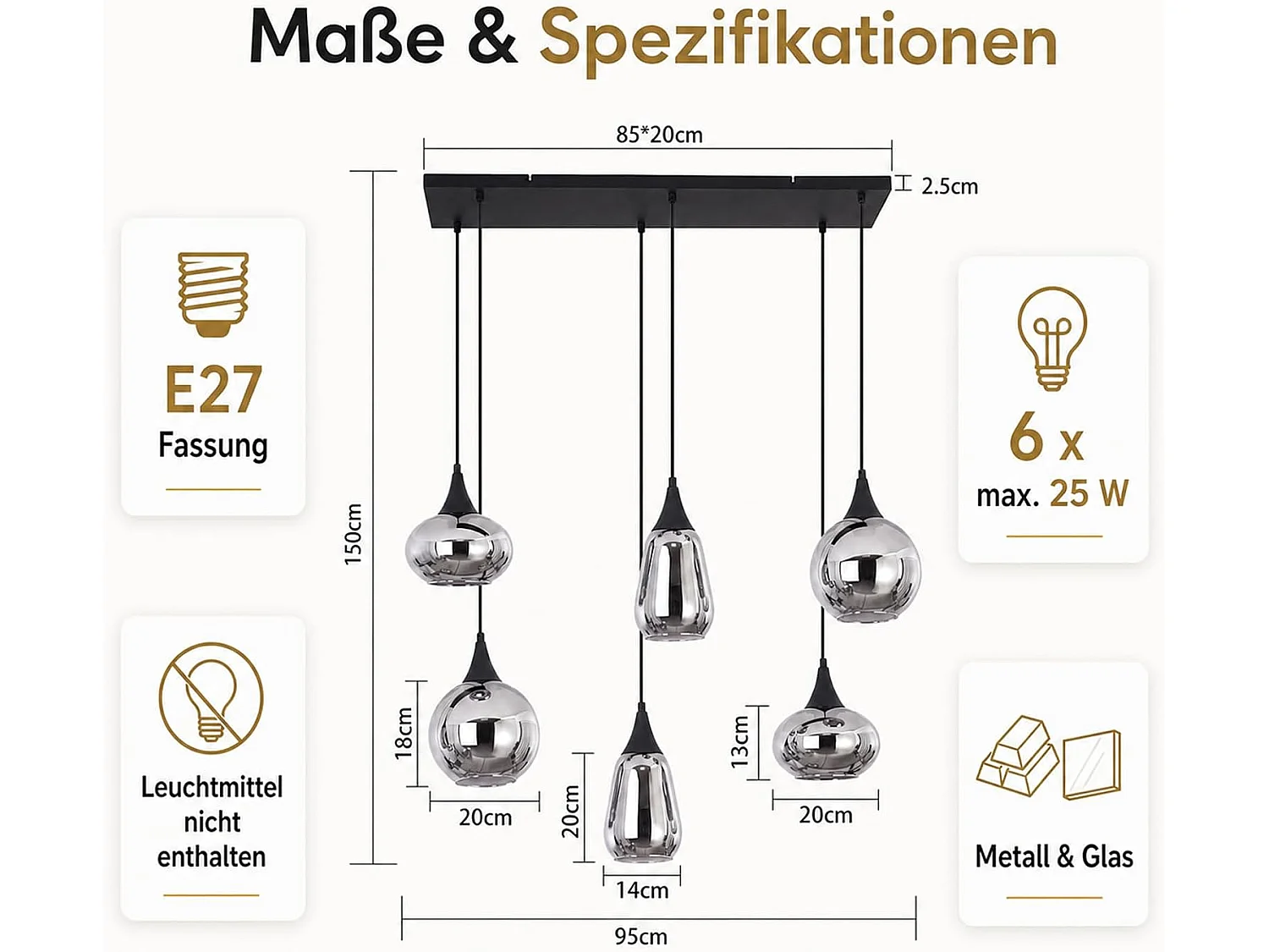 ZMH Suspension Vintage 6 Lumières Verre Fumé Gris E27 Hauteur Réglable 85cm Pour Salle à Manger Cuisine Salon Sans Ampoules