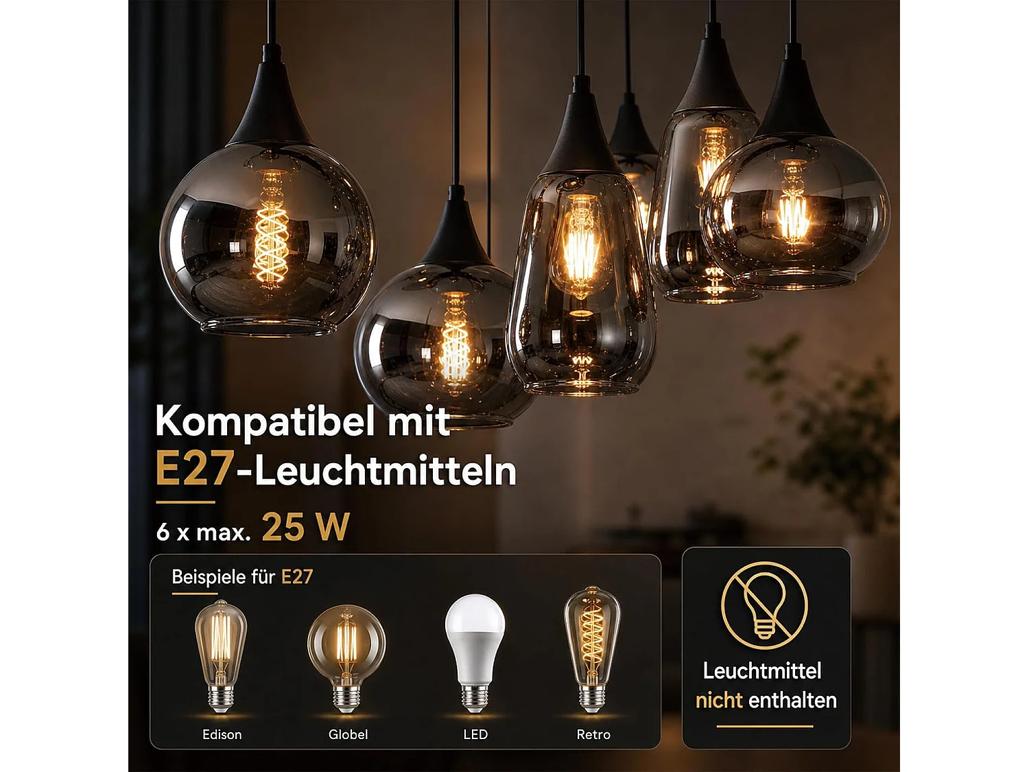 ZMH Suspension Vintage 6 Lumières Verre Fumé Gris E27 Hauteur Réglable 85cm Pour Salle à Manger Cuisine Salon Sans Ampoules
