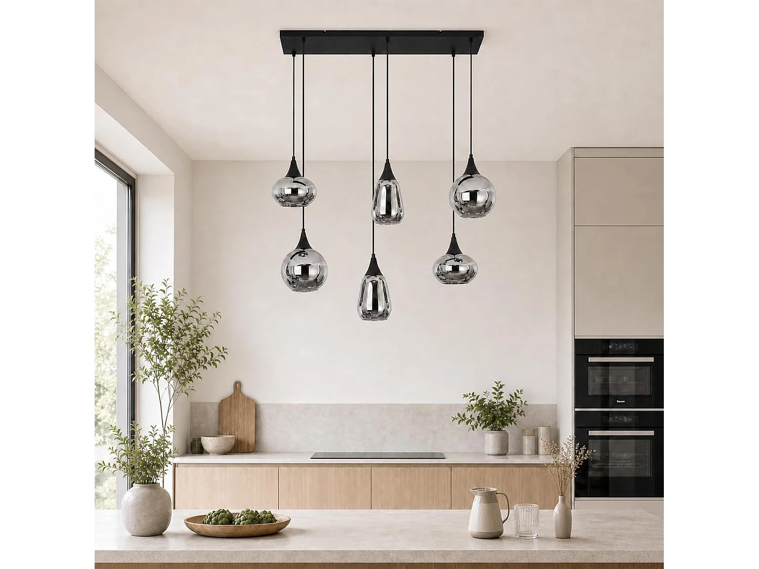 ZMH Suspension Vintage 6 Lumières Verre Fumé Gris E27 Hauteur Réglable 85cm Pour Salle à Manger Cuisine Salon Sans Ampoules