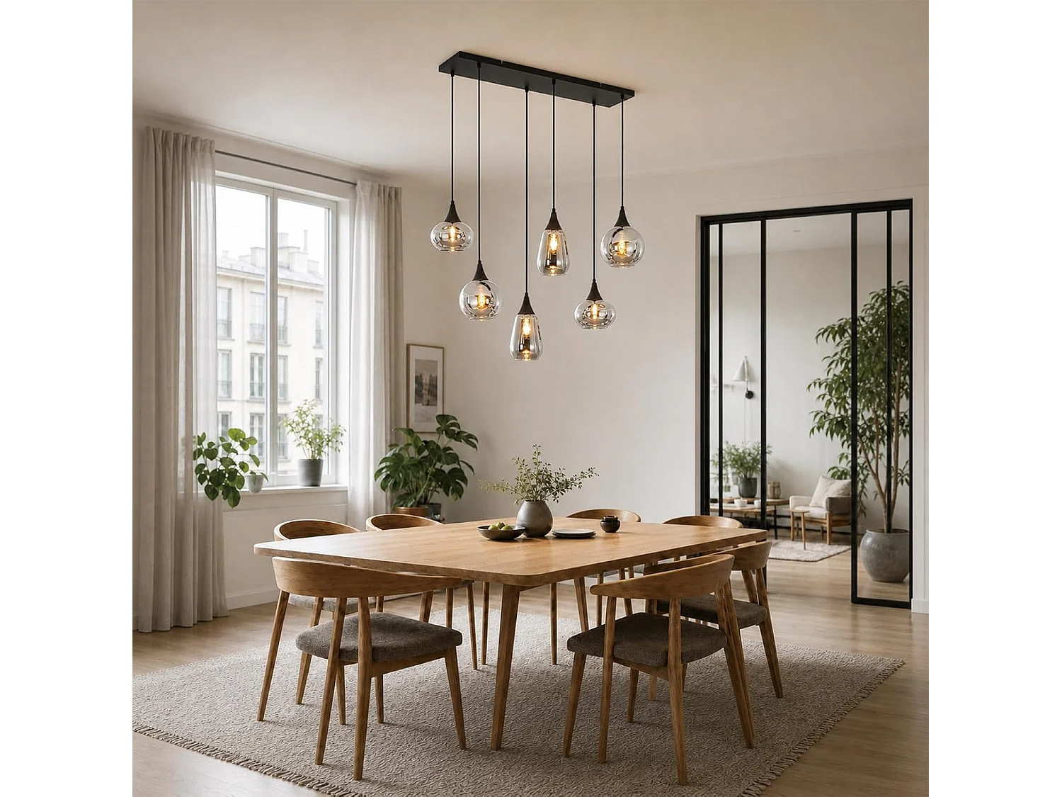 ZMH Suspension Vintage 6 Lumières Verre Fumé Gris E27 Hauteur Réglable 85cm Pour Salle à Manger Cuisine Salon Sans Ampoules