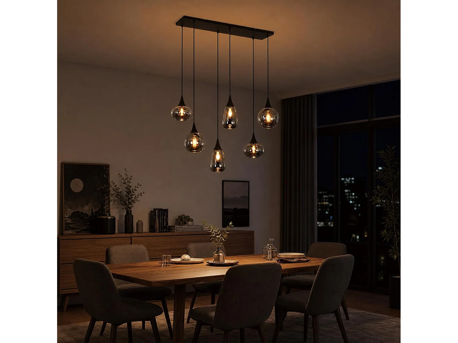 ZMH Suspension Vintage 6 Lumières Verre Fumé Gris E27 Hauteur Réglable 85cm Pour Salle à Manger Cuisine Salon Sans Ampoules