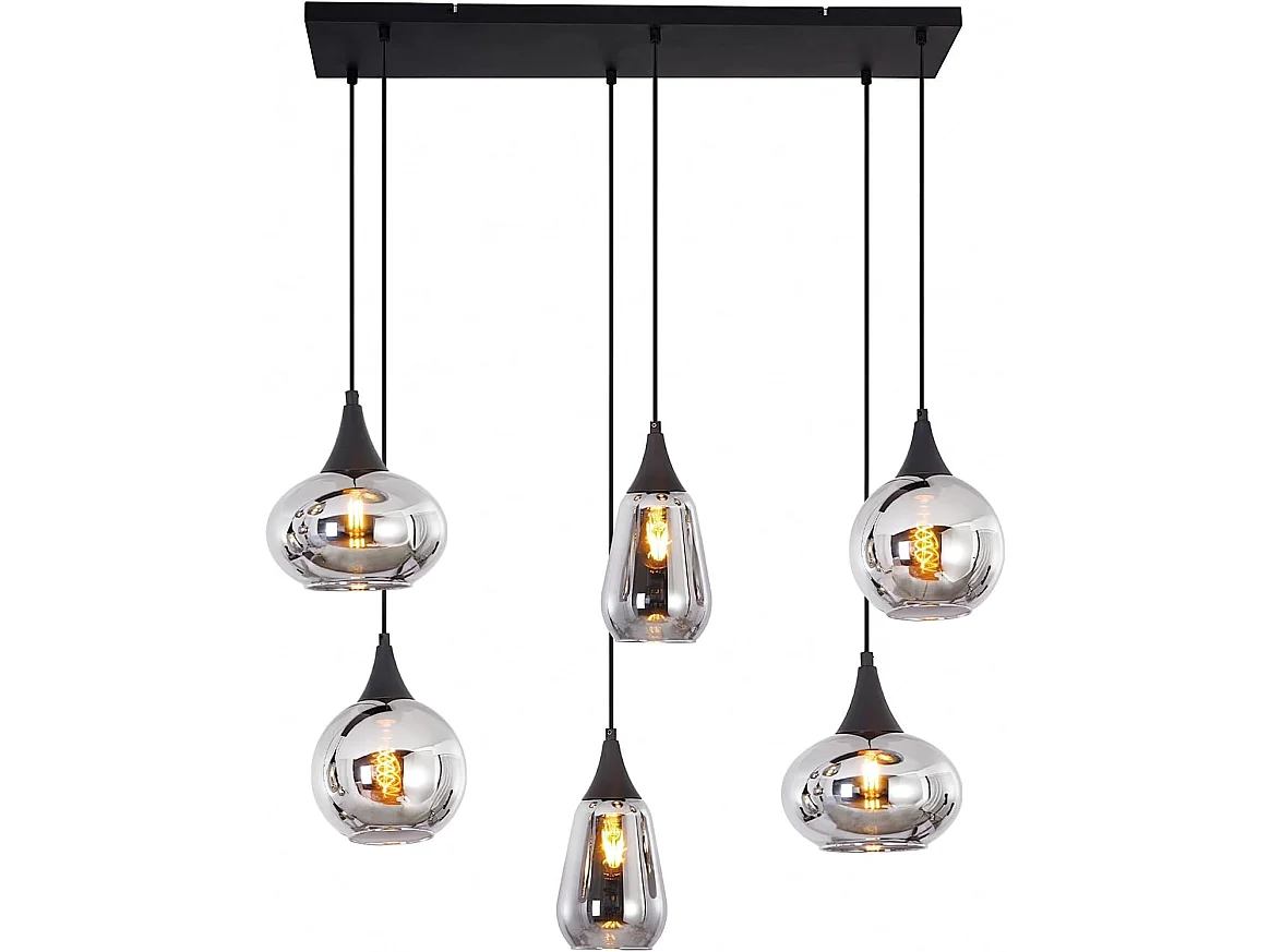 ZMH Suspension Vintage 6 Lumières Verre Fumé Gris E27 Hauteur Réglable 85cm Pour Salle à Manger Cuisine Salon Sans Ampoules
