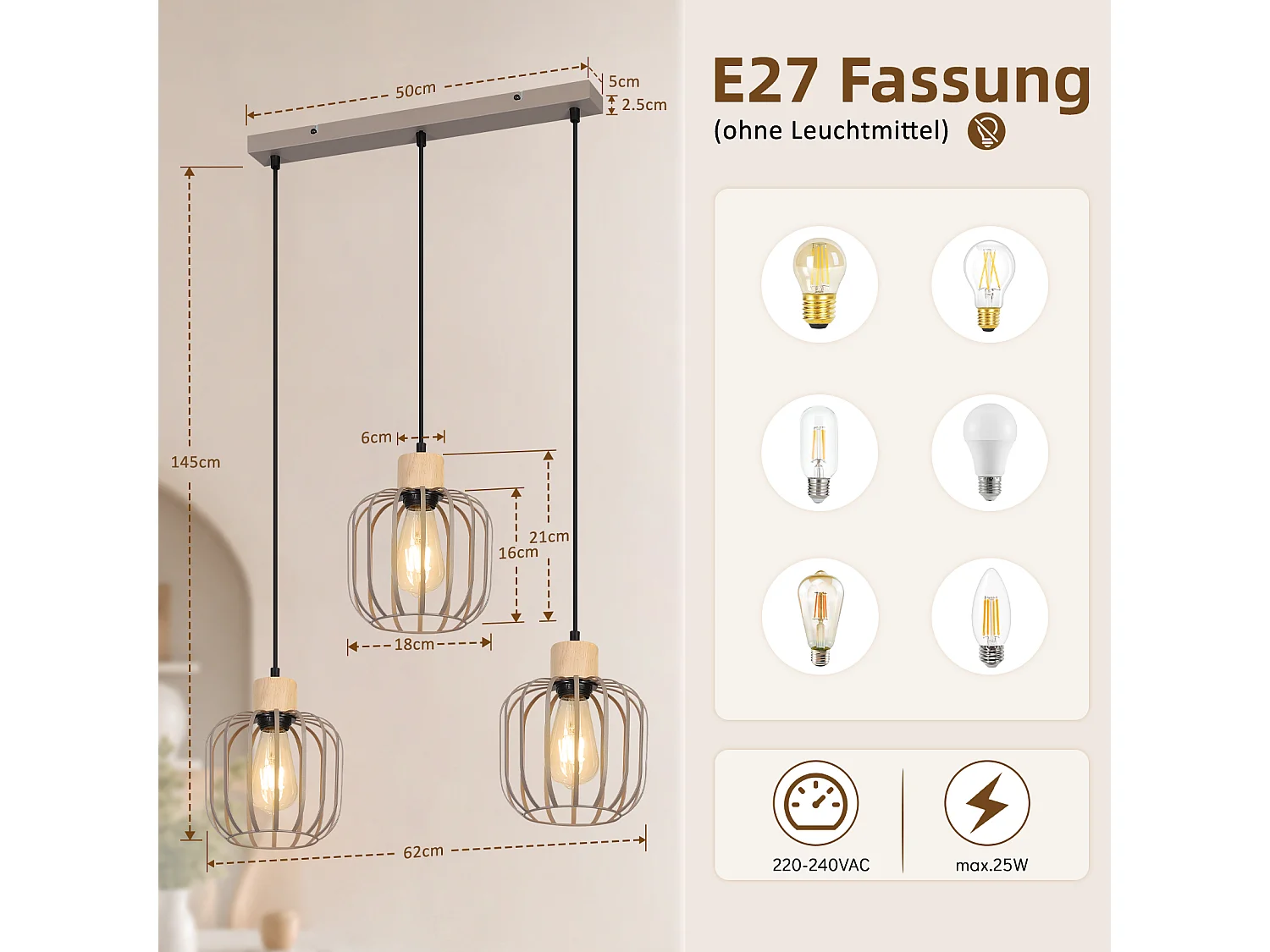 ZMH Suspension E27 gris moderne à 3 lumières convient pour la cuisine la salle à manger et le salons ampoules non incluses