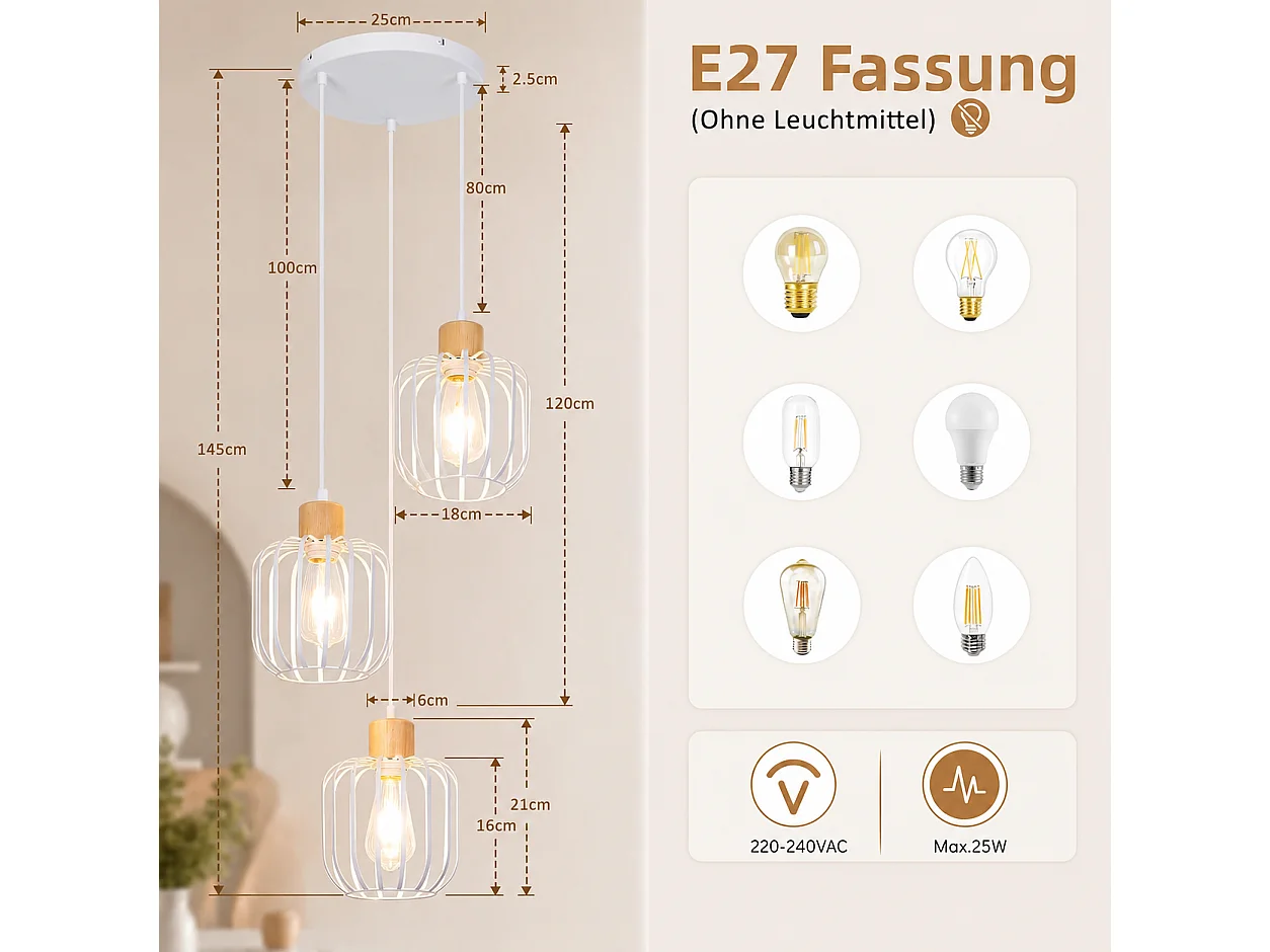 ZMH Suspension E27 blanc moderne à 3 lumières convient pour la cuisine la salle à manger et le salons ampoules non incluses