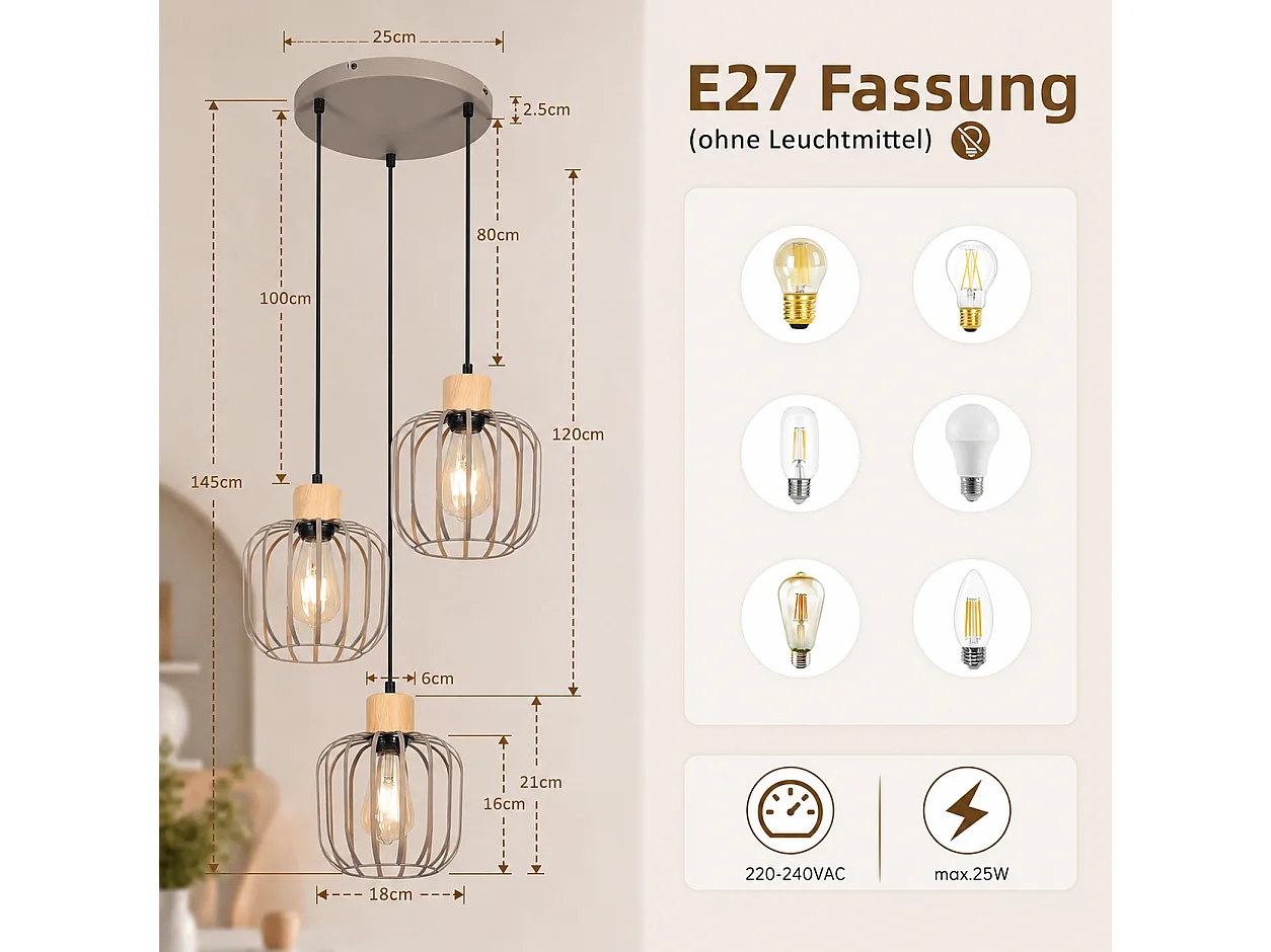 ZMH Suspension E27 gris moderne à 3 lumières convient pour la cuisine la salle à manger et le salons ampoules non incluses