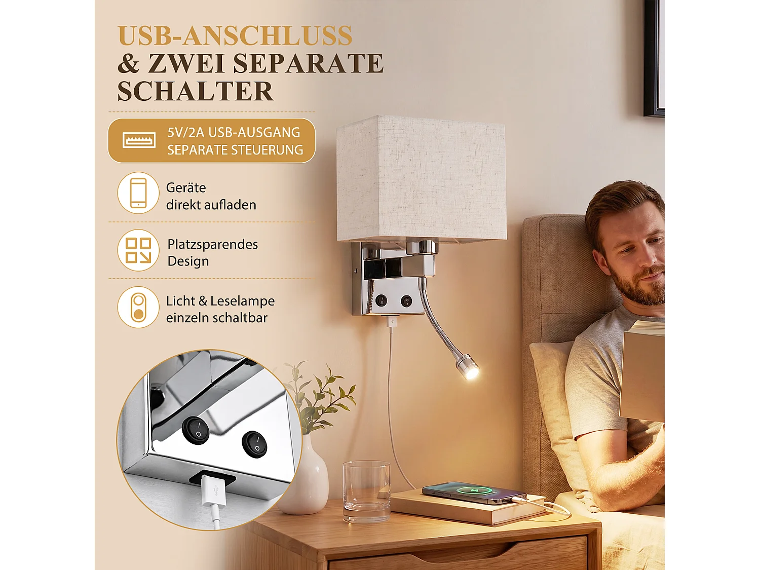 ZMH Applique murale LED 2W 3000K avec port de charge USB et liseuse moderne avec abat-jour en tissu E27 et interrupteur
