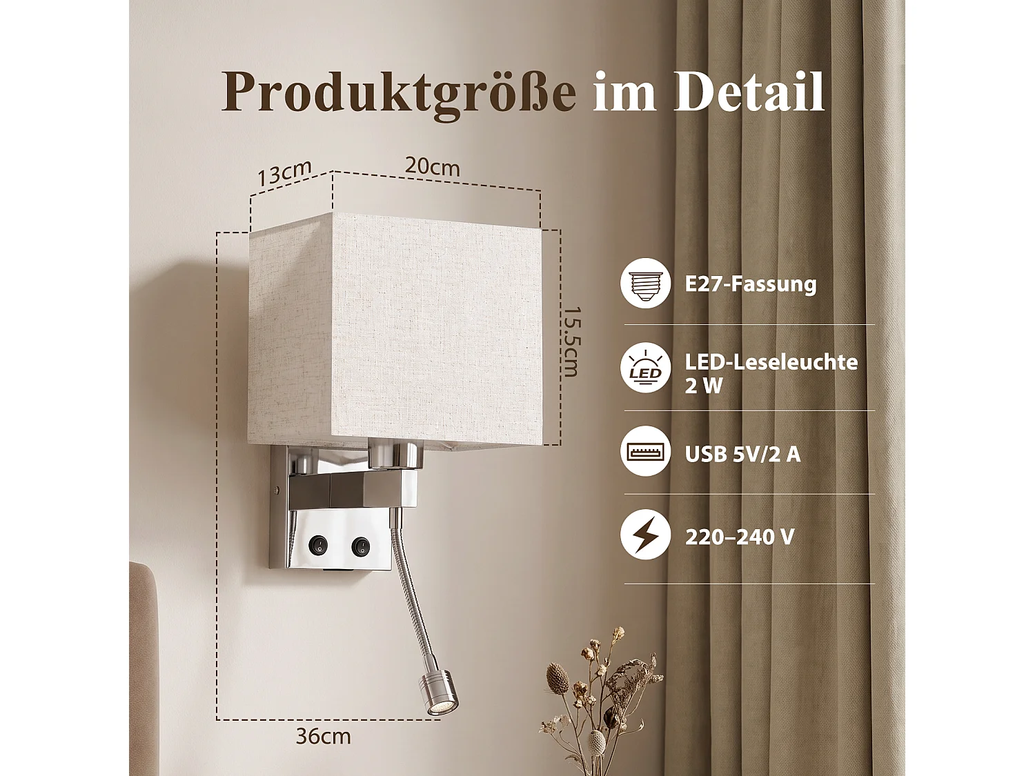 ZMH Applique murale LED 2W 3000K avec port de charge USB et liseuse moderne avec abat-jour en tissu E27 et interrupteur