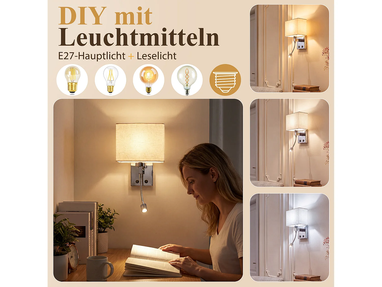 ZMH Applique murale LED 2W 3000K avec port de charge USB et liseuse moderne avec abat-jour en tissu E27 et interrupteur