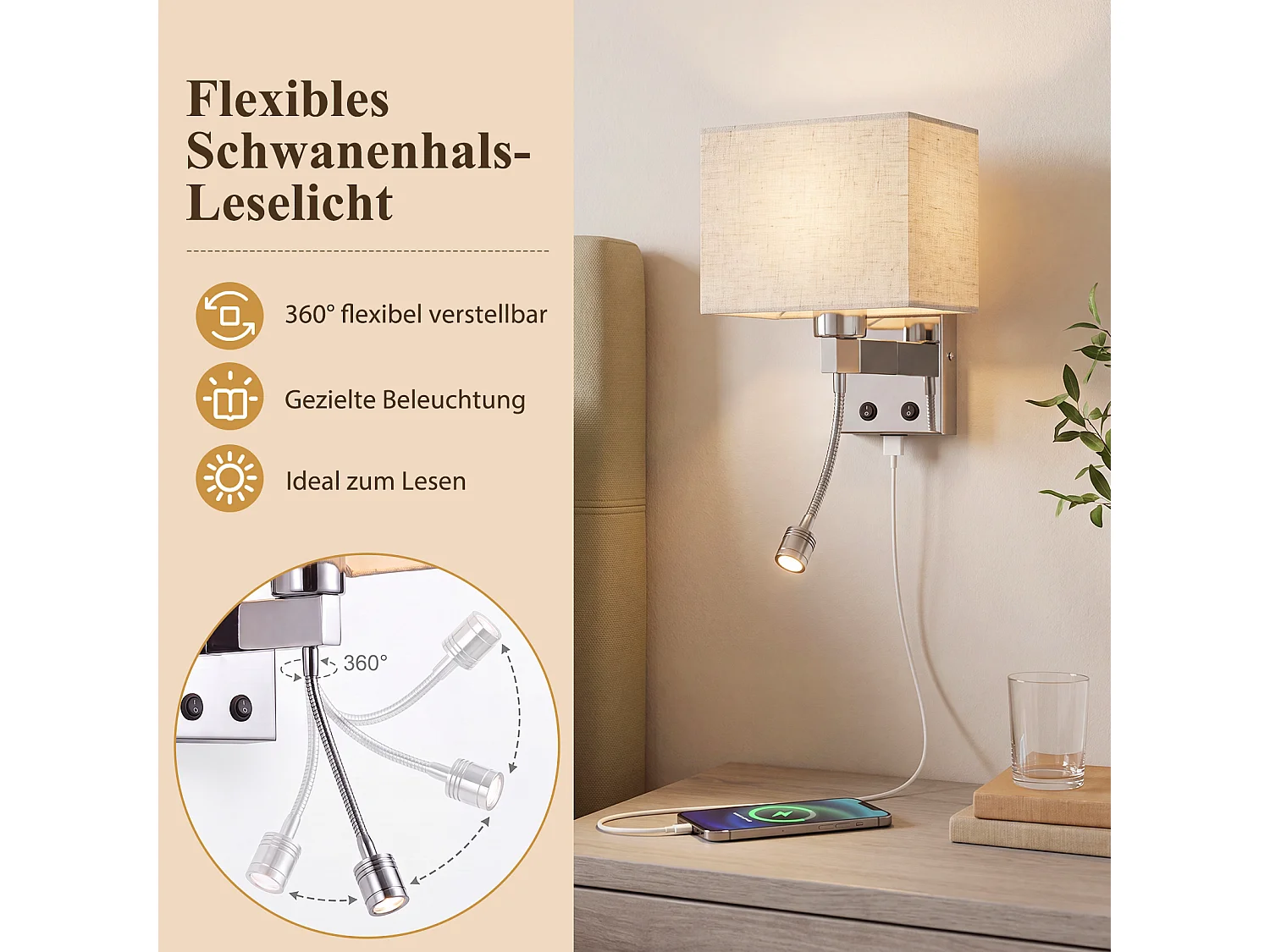 ZMH Applique murale LED 2W 3000K avec port de charge USB et liseuse moderne avec abat-jour en tissu E27 et interrupteur