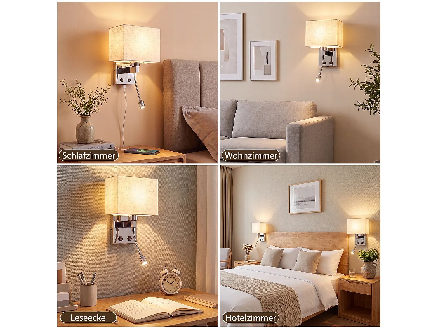 ZMH Applique murale LED 2W 3000K avec port de charge USB et liseuse moderne avec abat-jour en tissu E27 et interrupteur