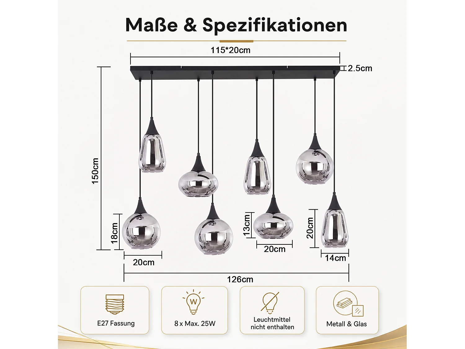 ZMH Suspension 8 lumière E27 moderne abat-jour en verre convient pour la salle à manger le salon couloir ou chambre