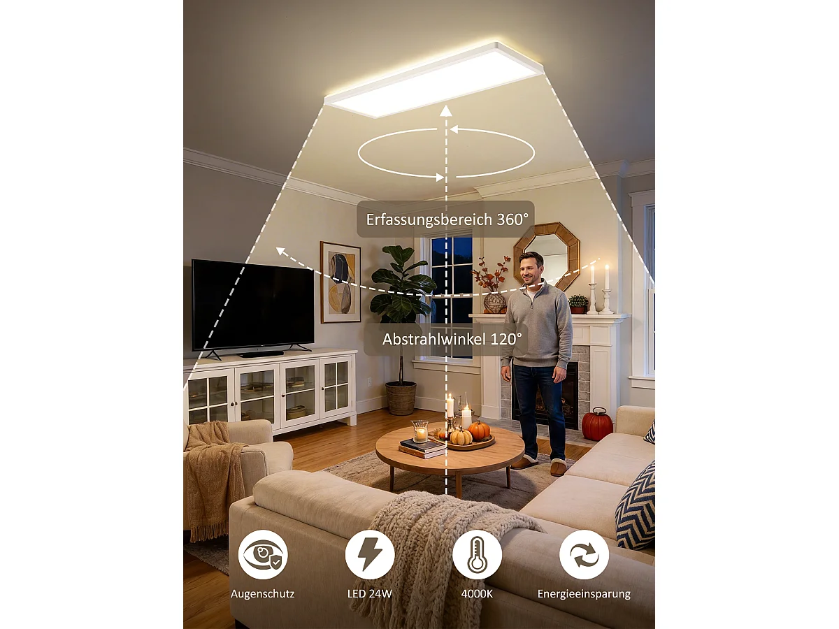ZMH Plafonnier LED 58x20cm 24W blanc 4000K avec détecteur de mouvement radar pour atelier couloir cuisine salon