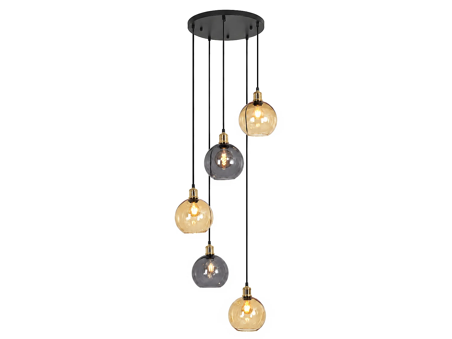 Lustre en métal et verre 5 globes - L. 40 x P. 40 x H. 156 cm - Noir ambre et gris fumé  - ZMH