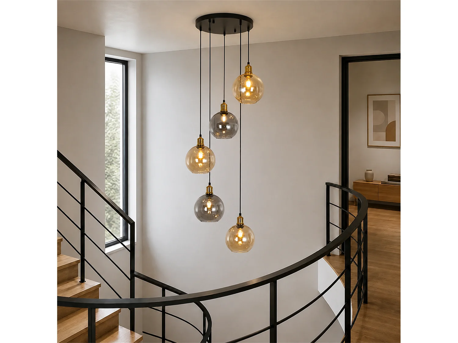 Lustre en métal et verre 5 globes - L. 40 x P. 40 x H. 156 cm - Noir ambre et gris fumé  - ZMH