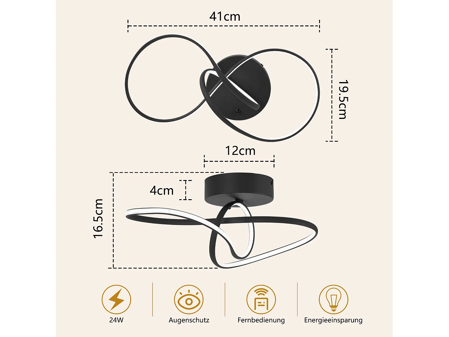 ZMH Plafonnier LED moderne 24W noir intensité variable télécommande incluse convient pour la chambre salon cuisine et chambre d'enfant