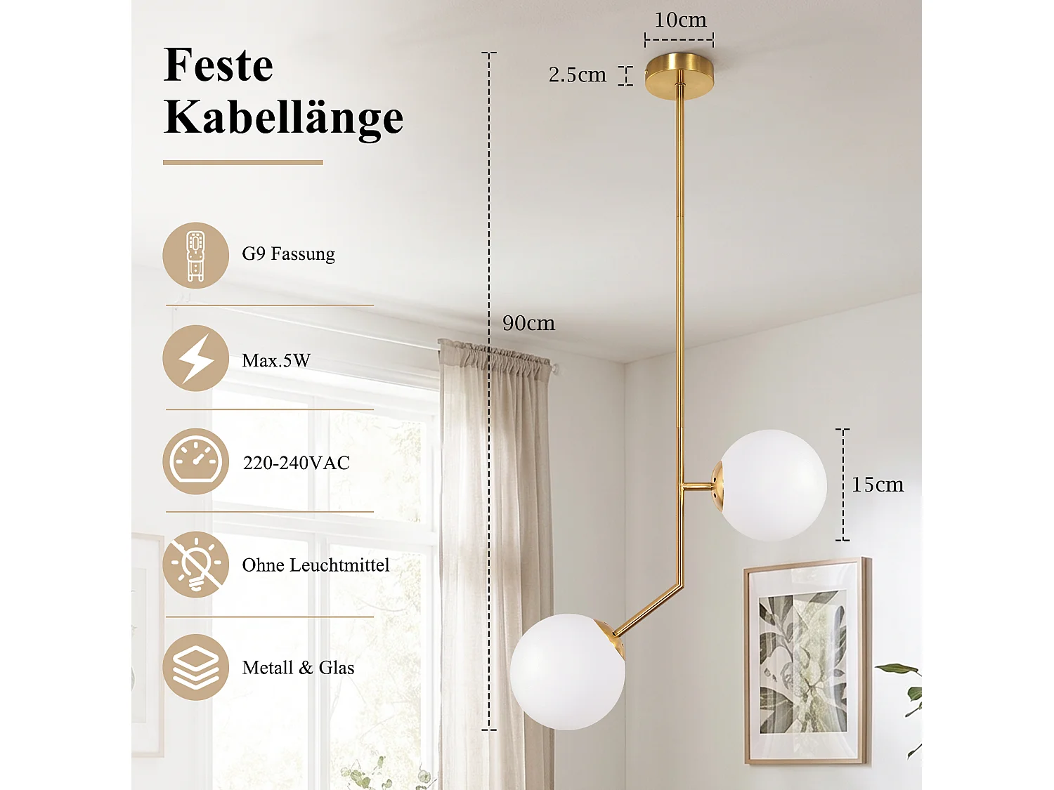 ZMH Suspension 2 lumière G9 doré moderne en verre finition opale convient pour la salle à manger le salon cuisine ou chambre