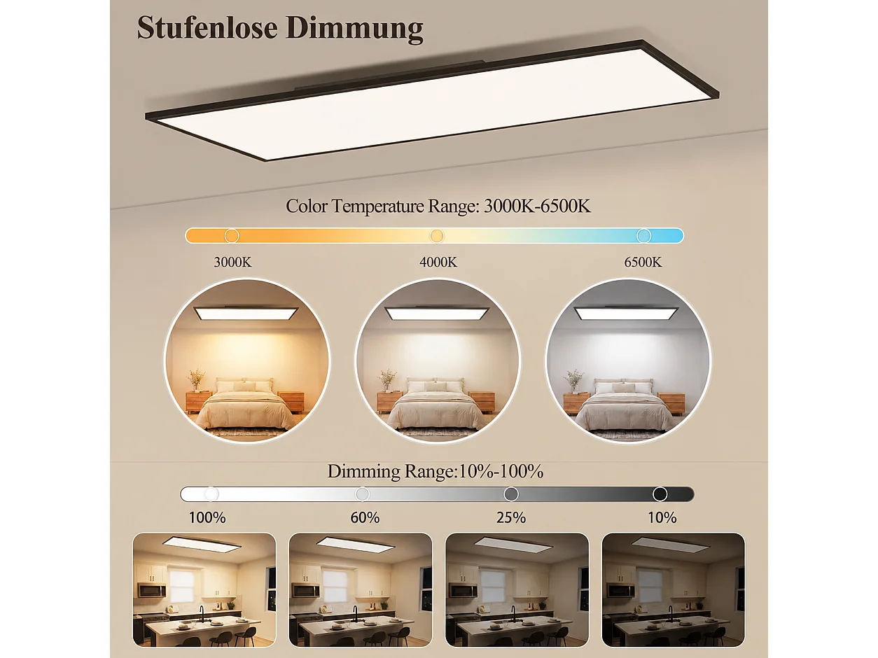 ZMH Plafonnier LED 119.5cm 18.5W noir intensité variable rectangulaire avec télécommande pour atelier couloir cuisine salon
