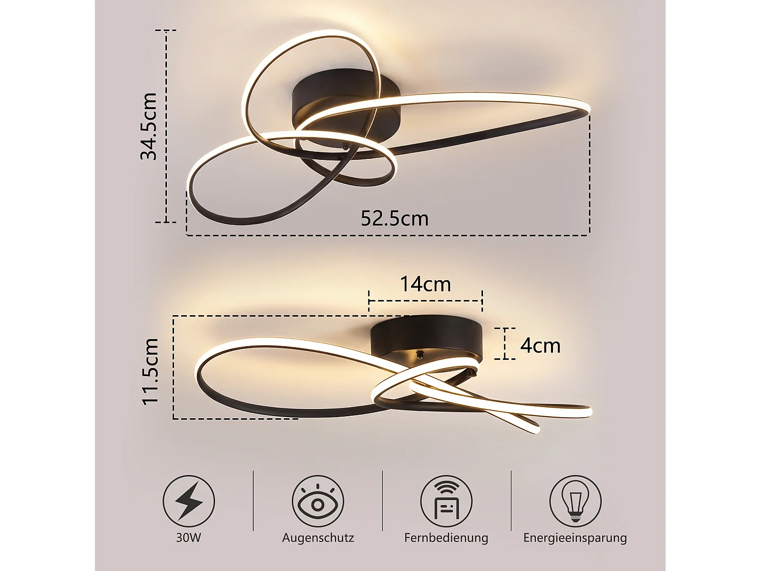 ZMH Plafonnier LED moderne 30W noir intensité variable télécommande incluse convient pour la chambre salon cuisine et chambre d'enfant