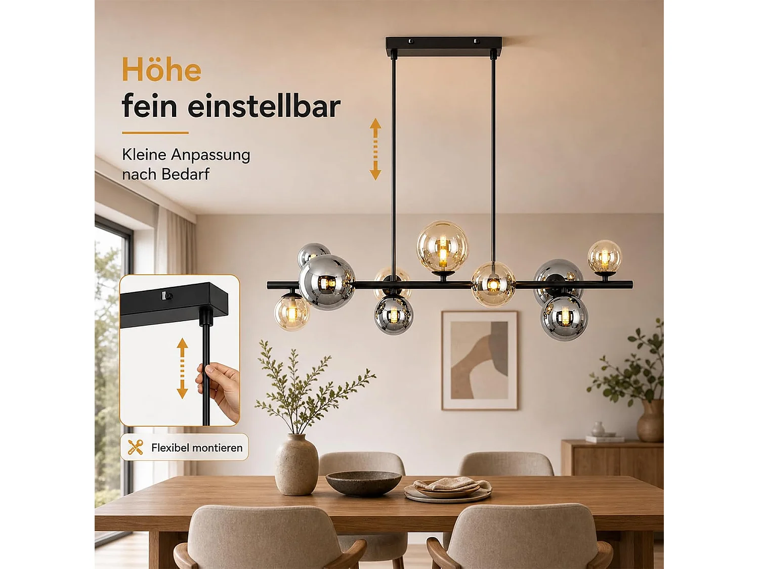 ZMH Suspension Verre 10 Lumières Noir G9 Moderne Hauteur Réglable Pour Salle à Manger Salon Chambre Sans Ampoules