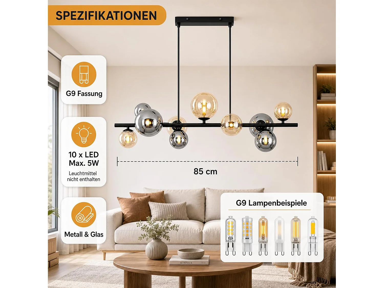 ZMH Suspension Verre 10 Lumières Noir G9 Moderne Hauteur Réglable Pour Salle à Manger Salon Chambre Sans Ampoules