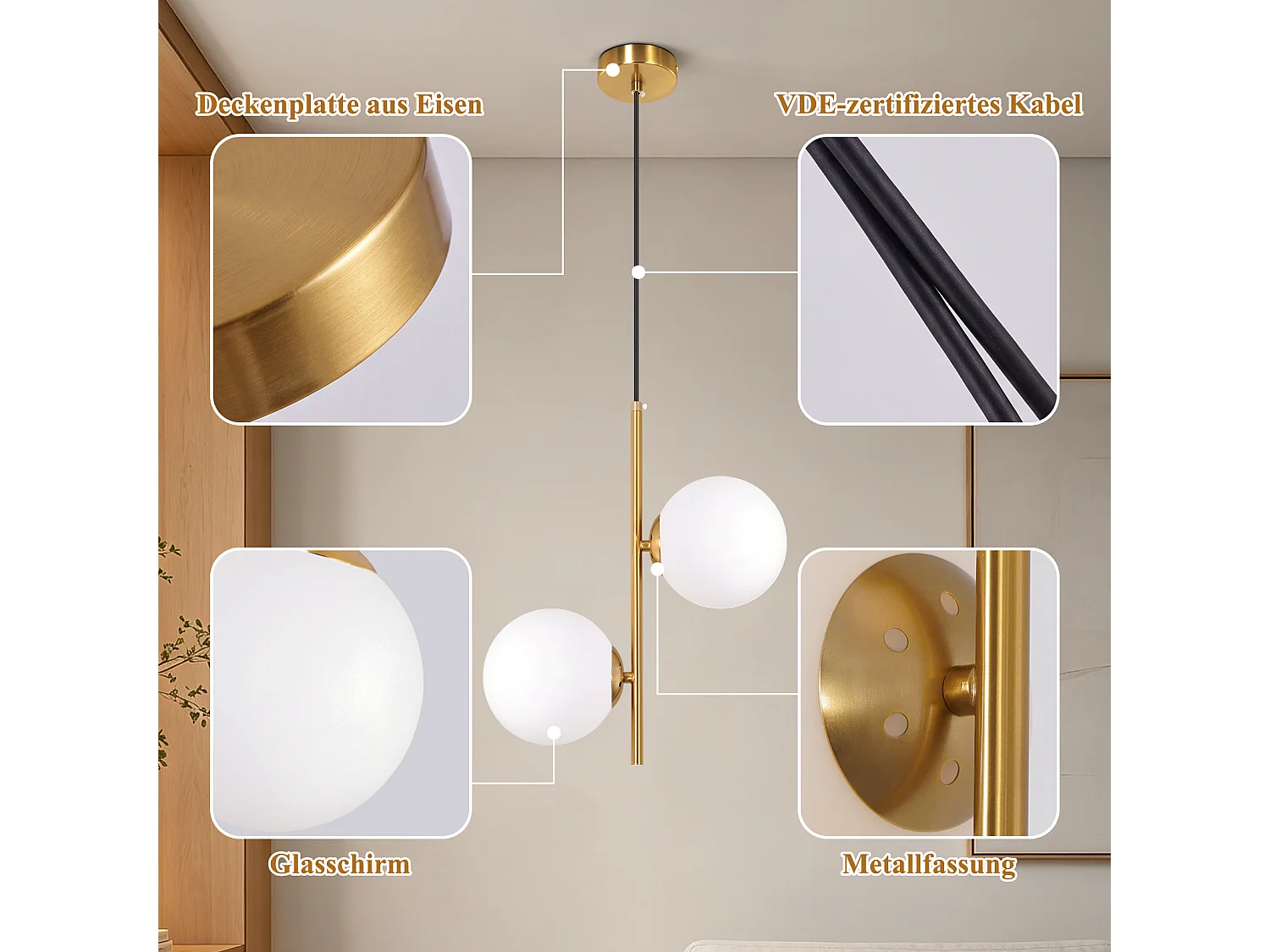 ZMH Suspension 2 lumière G9 doré moderne en verre finition opale convient pour la salle à manger le salon cuisine ou chambre