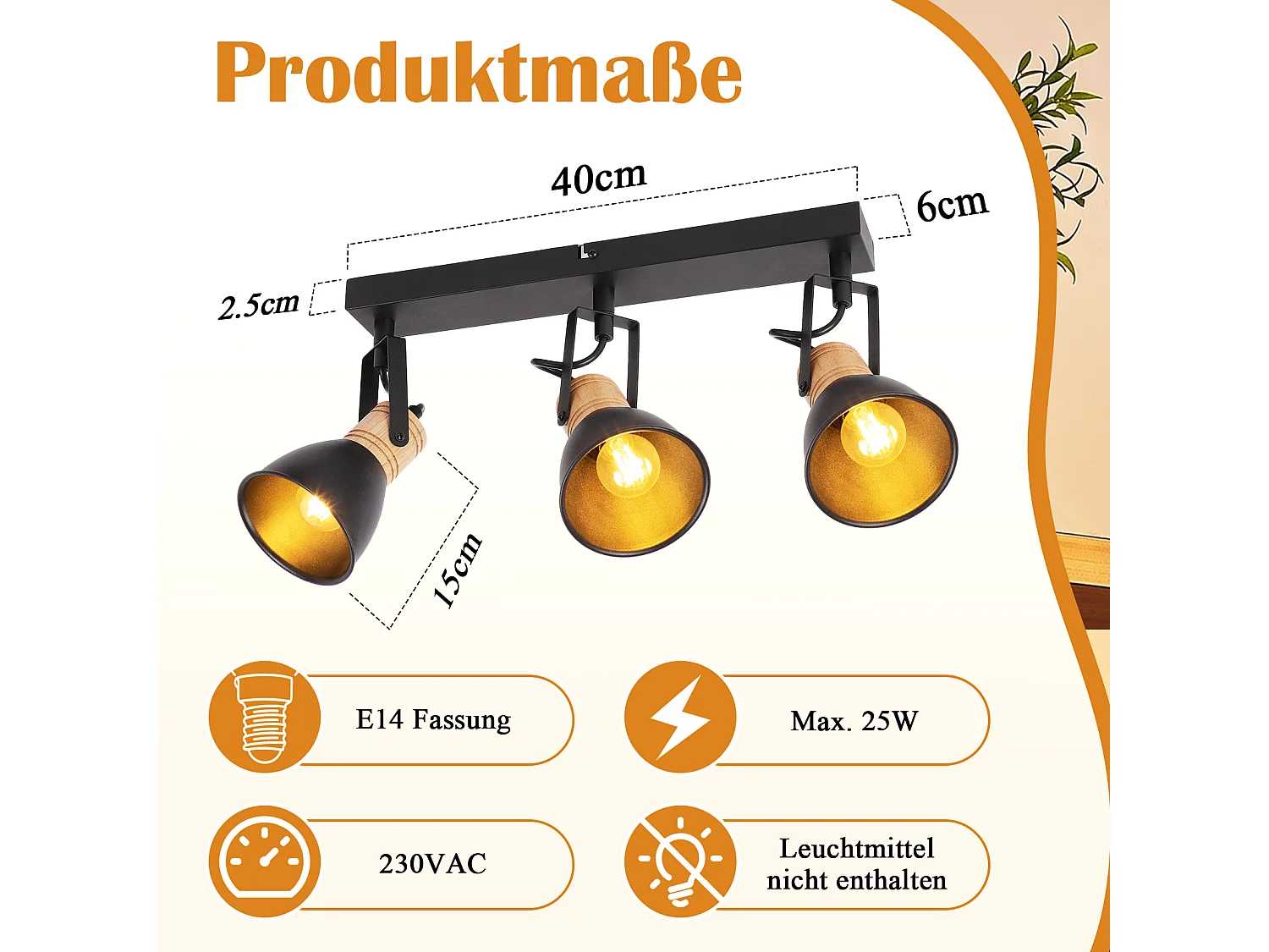ZMH Spot de plafond noir à 3 lumières métal E14 orientable à 350° d'intérieur pour salon couloir (ampoules non incluses)