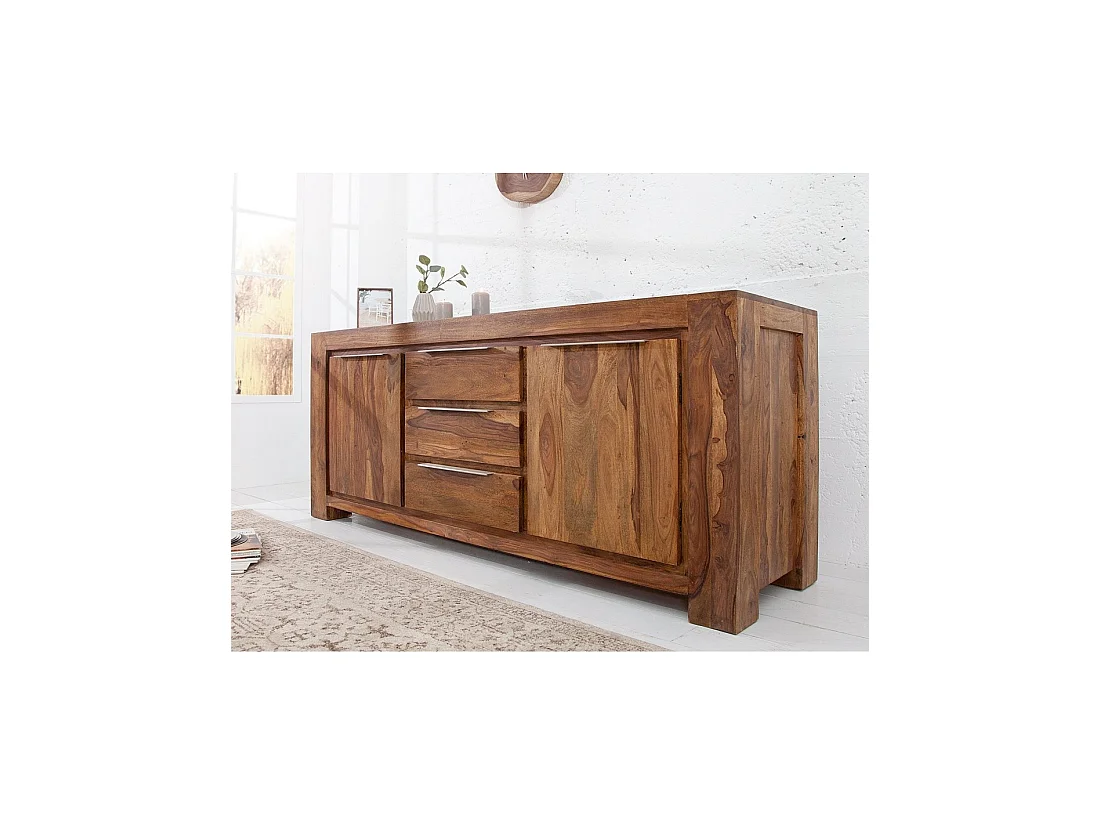Buffet GRADI 175 cm en madera maciza de sheesham barnizada – 2 puertas, 3 cajones y veteado natural