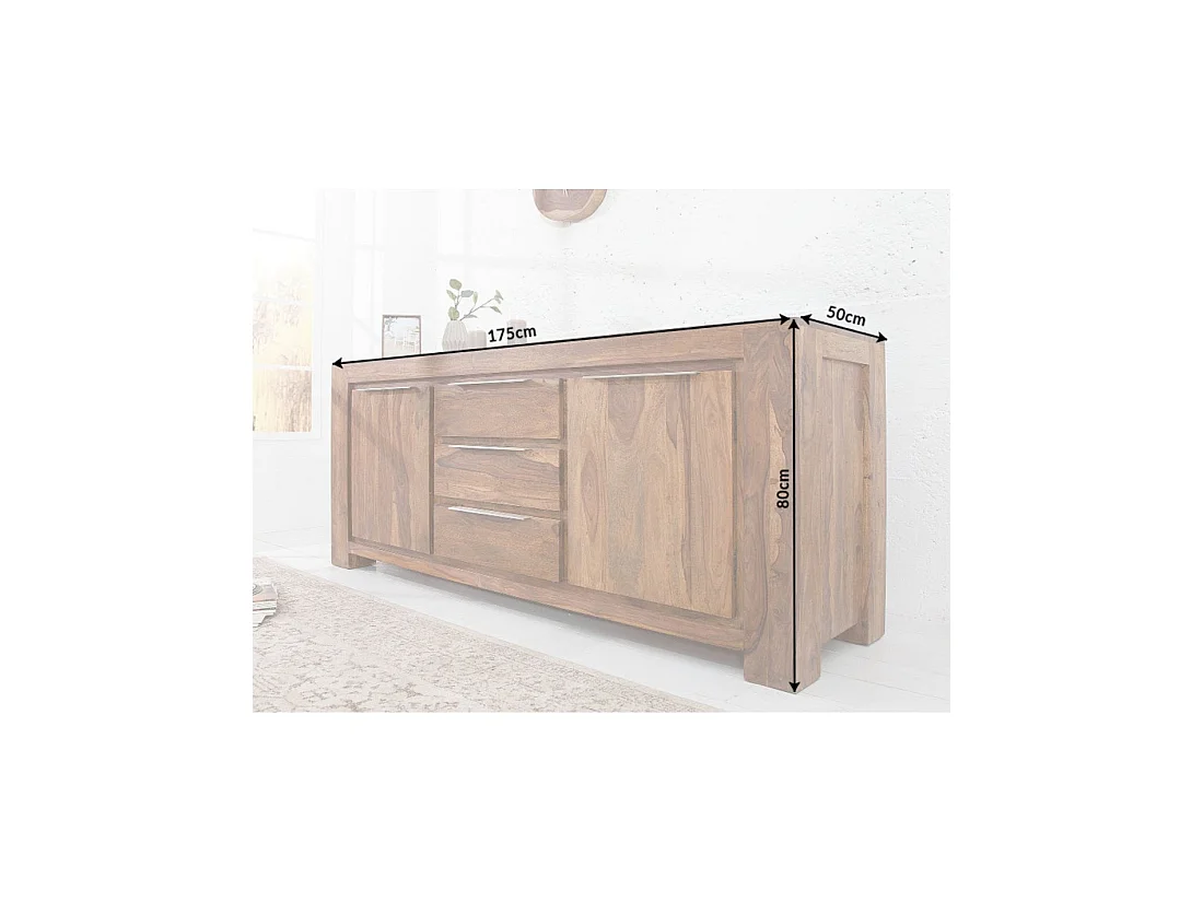Buffet GRADI 175 cm en madera maciza de sheesham barnizada – 2 puertas, 3 cajones y veteado natural