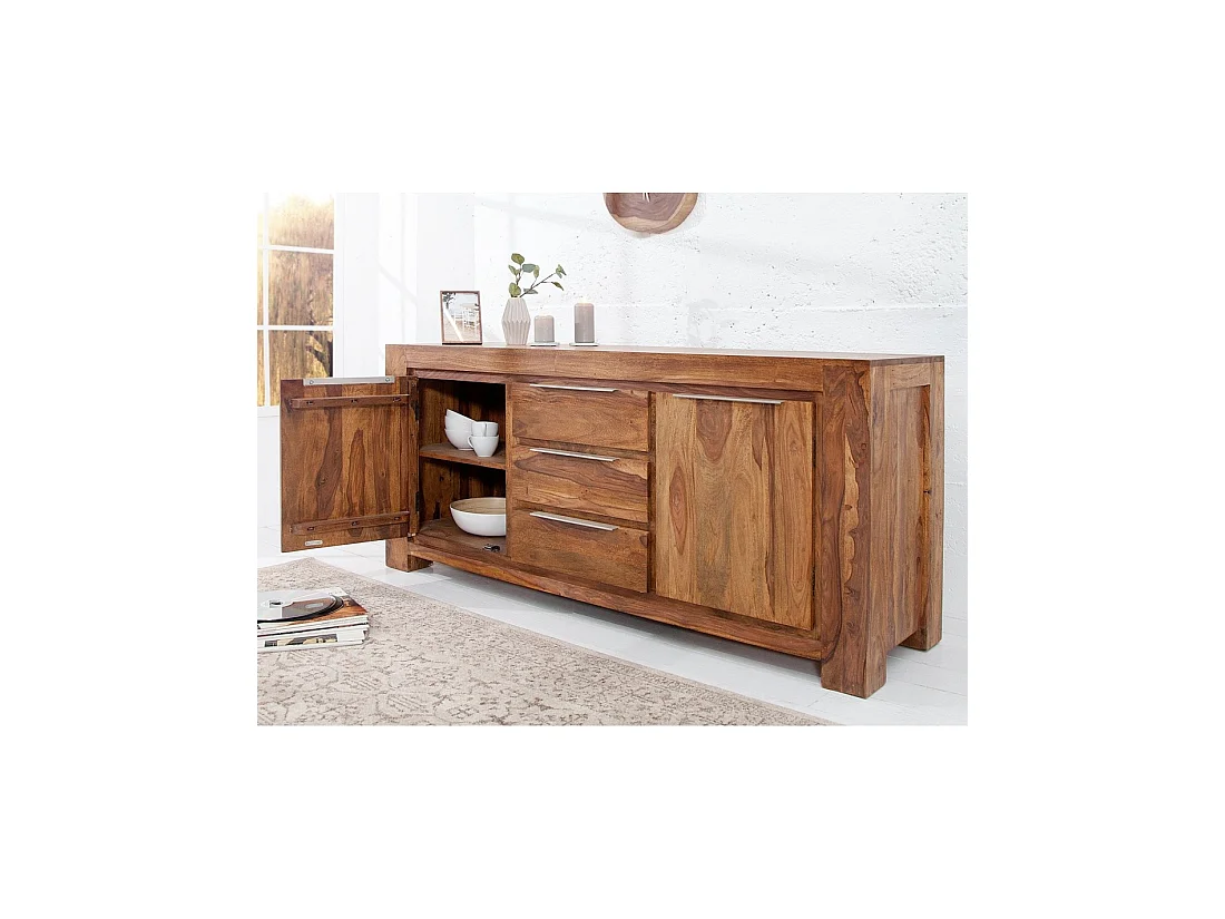 Buffet GRADI 175 cm en madera maciza de sheesham barnizada – 2 puertas, 3 cajones y veteado natural