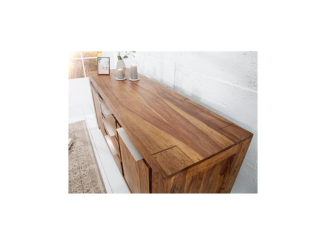 Buffet GRADI 175 cm en madera maciza de sheesham barnizada – 2 puertas, 3 cajones y veteado natural